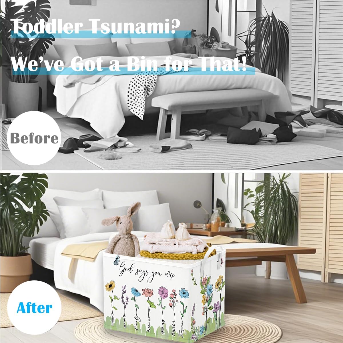 Runtoo Christian Bible Verse Floral Nursery Decor Baby Basket Religious Spiritual Inspirational Baby Shower Decorations Boys Gift Basket Toddler Toy Box Laundry Hamper Closet Storage Bins
