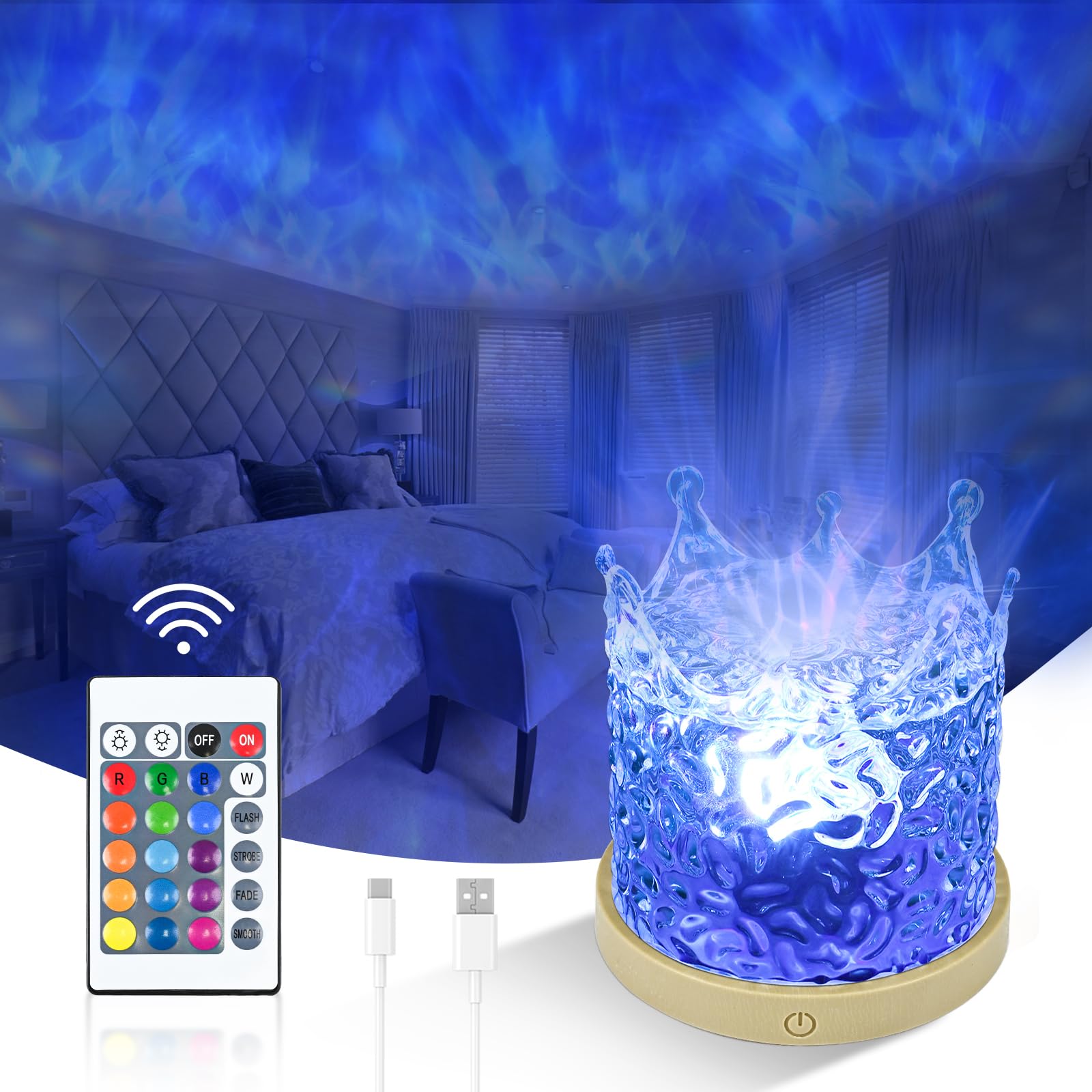 Northern Lights Galaxy Projector Lamp - 16 Colour RGB Dynamic Ocean Wave Lights, 1200mAh Rechargeable Aurora Glow Night Light with Remote Control for Bedroom Ceiling Bedside Kids Adults Room (Crowns)