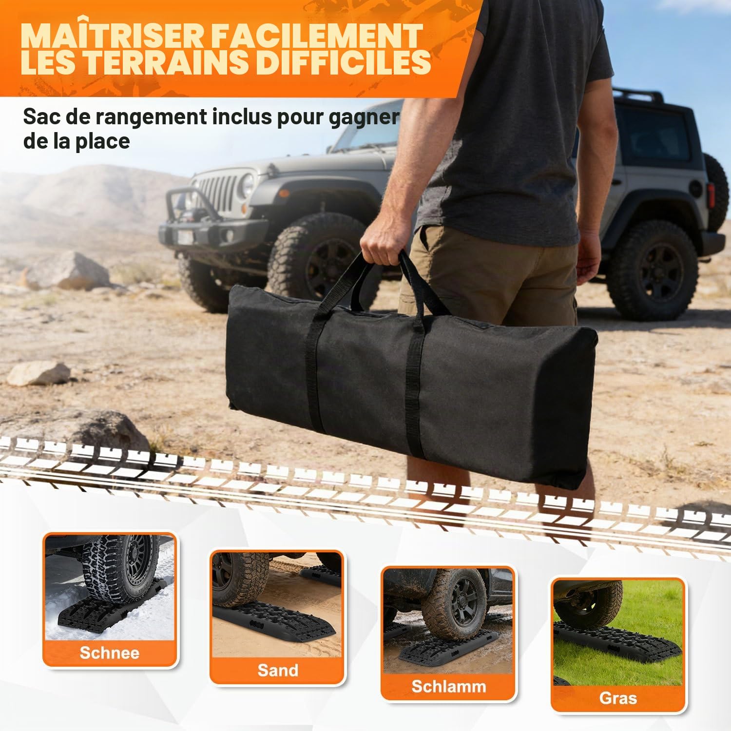 Lot de 2 plaques de sable - 106 x 31 cm - Capacité de charge : 10 T - En nylon très résistant - Avec sac de rangement et outil d'installation - Aide au démarrage pour la neige, la boue
