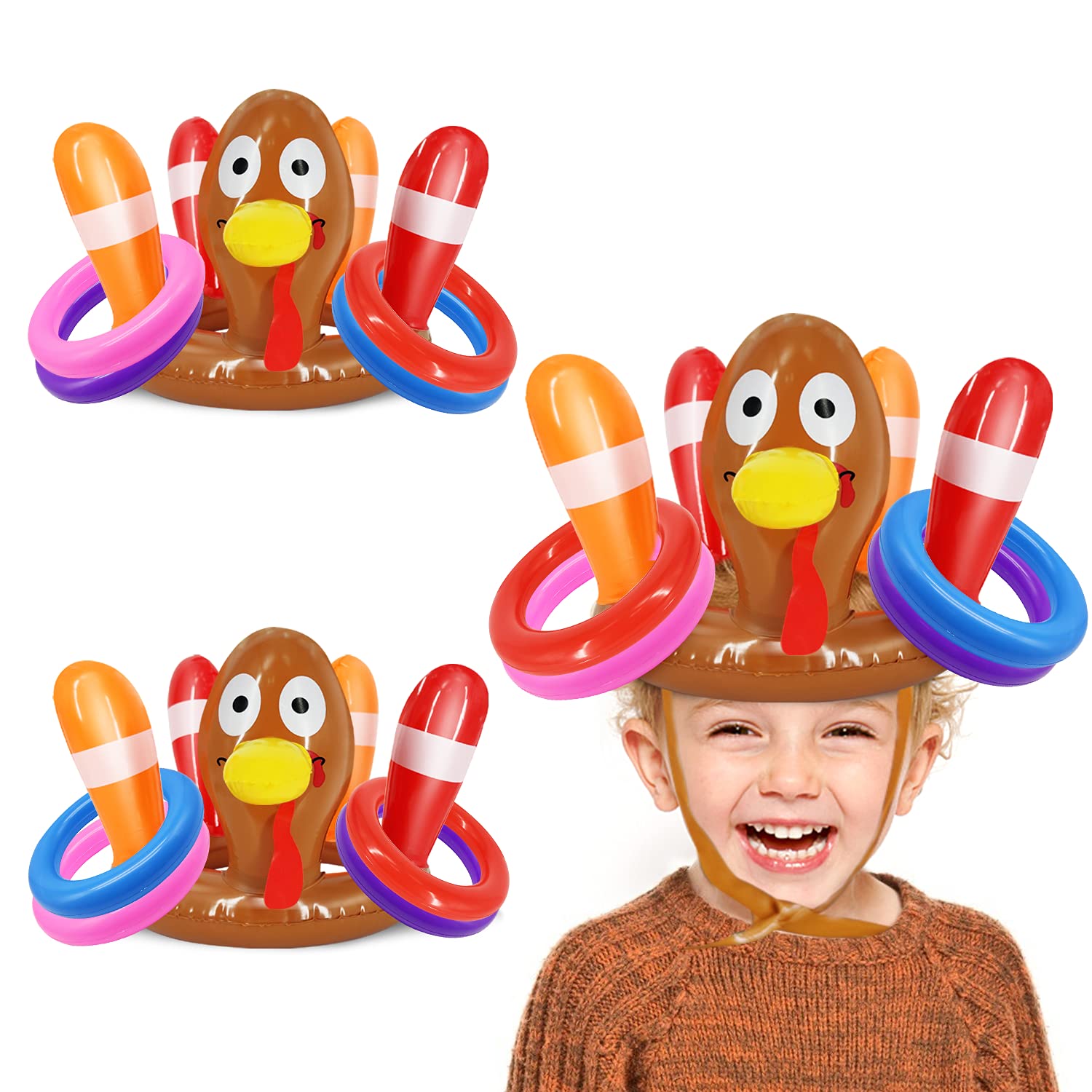 3 Pack Thanksgiving Ring Toss Games Toys for Kids Thanksgiving Inflatable Turkey Hat Toss Games Thanksgiving Family School Party Favors Supplies Indoor Outdoor Party Game(3 Turkey Hats, 12 Rings)
