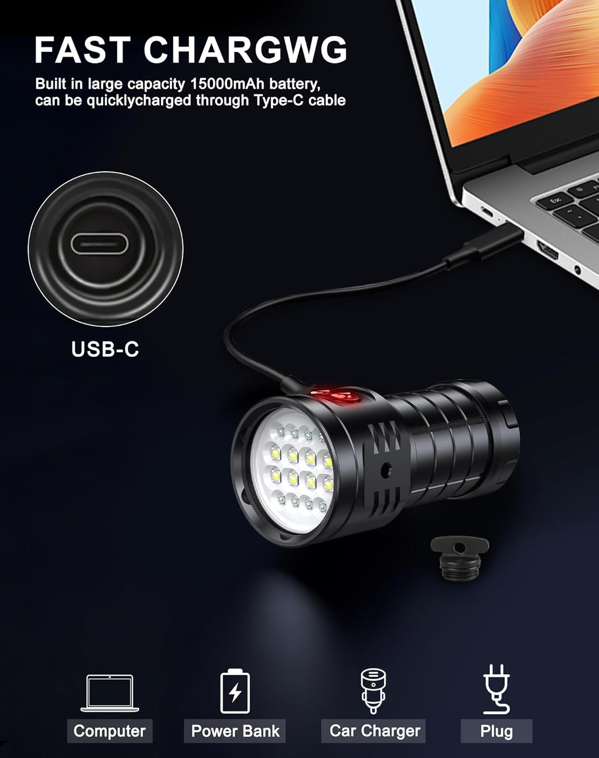 Dive Light with 16 LED Beads, 3800 Lumens Scuba Diving Flashlight, USB- C Rechargeable 200M Underwater Lights, IPX8 Waterproof Underwater Flashlight for Divers Scuba Diving Gifts