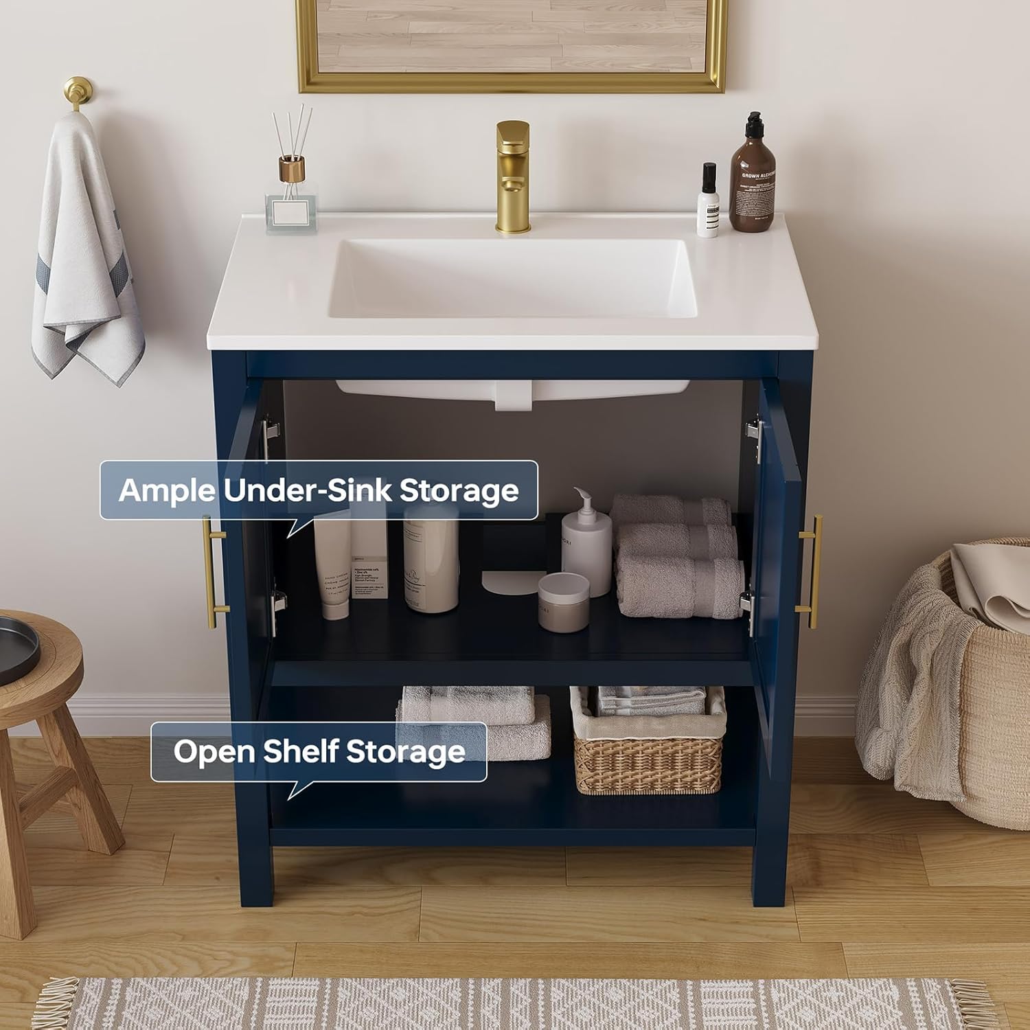 30 Inch Bathroom Vanity with Sink, Modern Undermount Bathroom Sink Cabinet with Soft-Closing Doors & Open Storage Shelf, 30 Inch Vanity with Integral Sink, Solid Wood Frame, Navy Blue