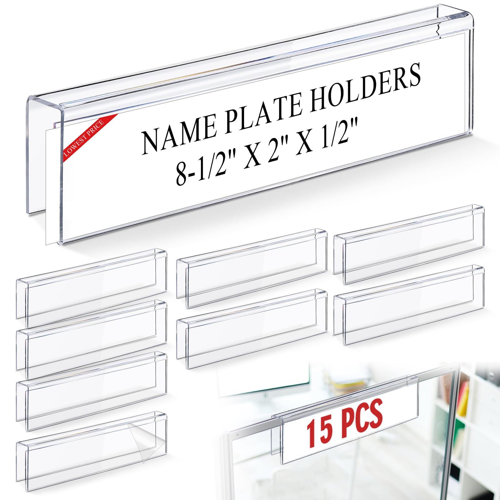 Kathfly 15 Pack Clear Acrylic Cubicle Name Plate Holders for Office, 8.5" Wide x 2" High x 1/2" Deep, Glass Wall Name Plate Holder Plastic Sign Tag Display Stand for Office Table Business Conference