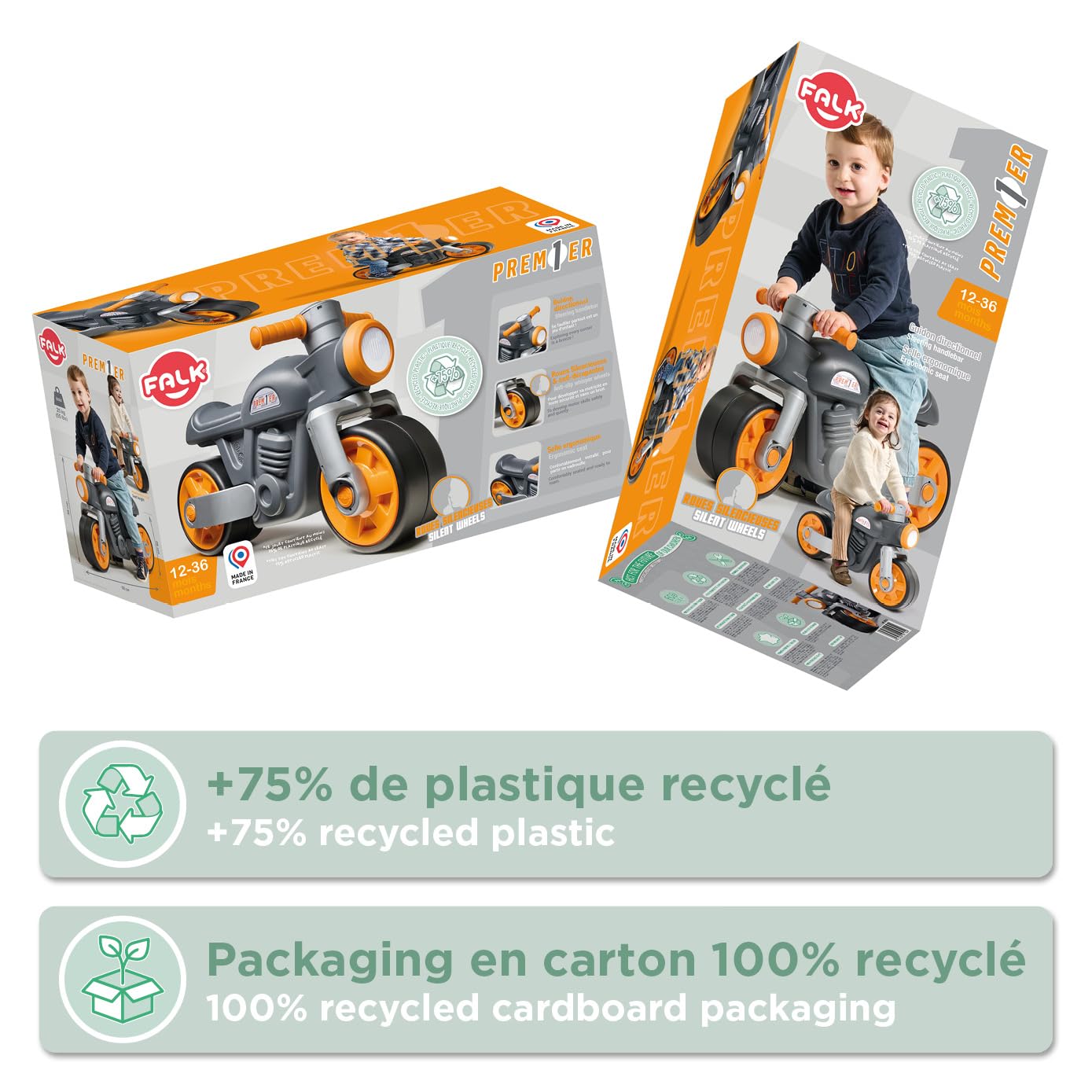 Falk Laufrad Motorrad ab 1 Jahr I Kinder Laufrad & Motorrad Spielzeug mit Hupe & leisen Rädern I Robustes Kinderfahrzeug aus recyceltem Kunststoff I Geschenk zum 1. Geburtstag