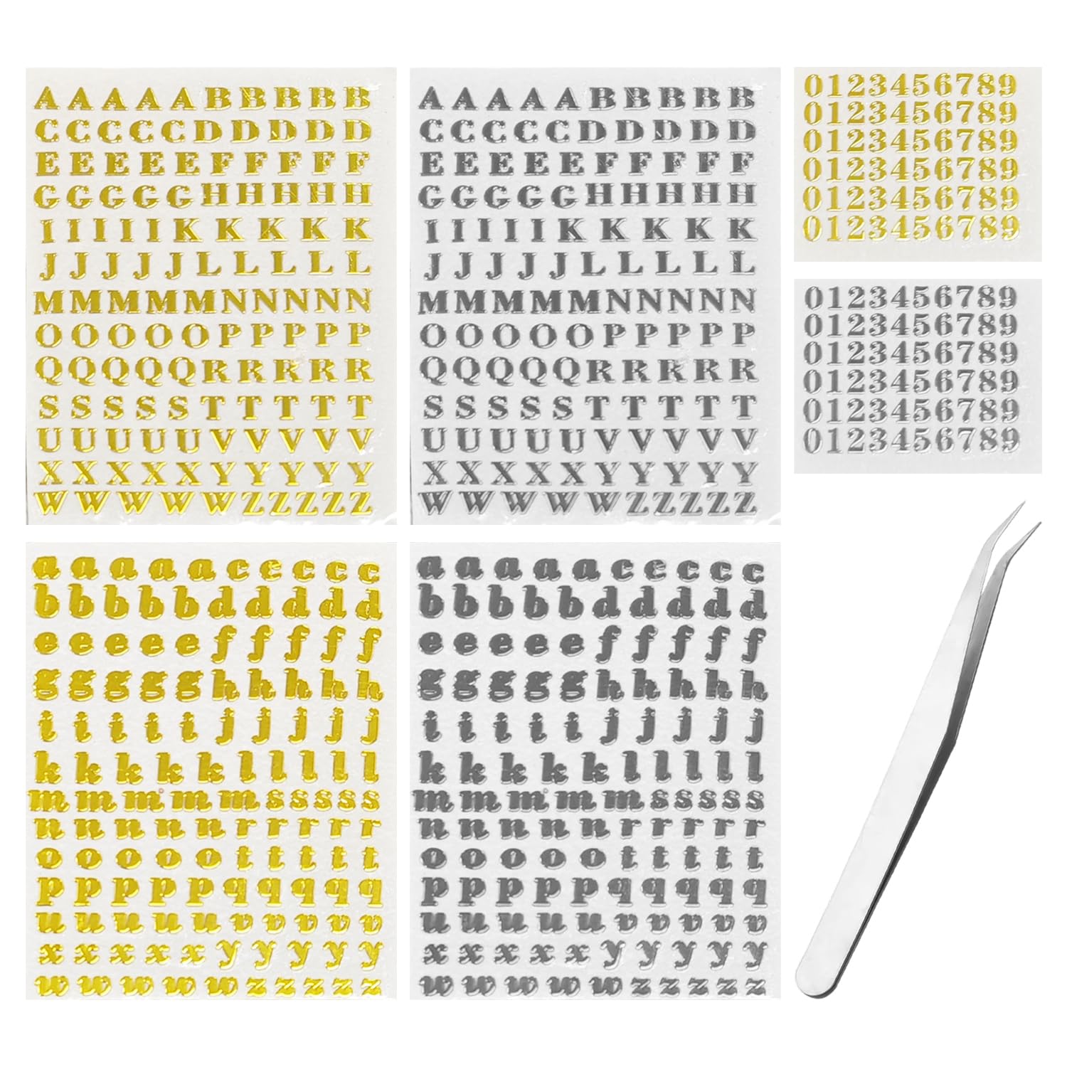 Nxpwrc Gold 6 Pieces Of Alphanumeric Stickers, 1 Piece Of Tweezers, Scrapbook Alphanumeric Stickers, Uppercase And Lowercase Letter Stickers, Decorative Number Stickers