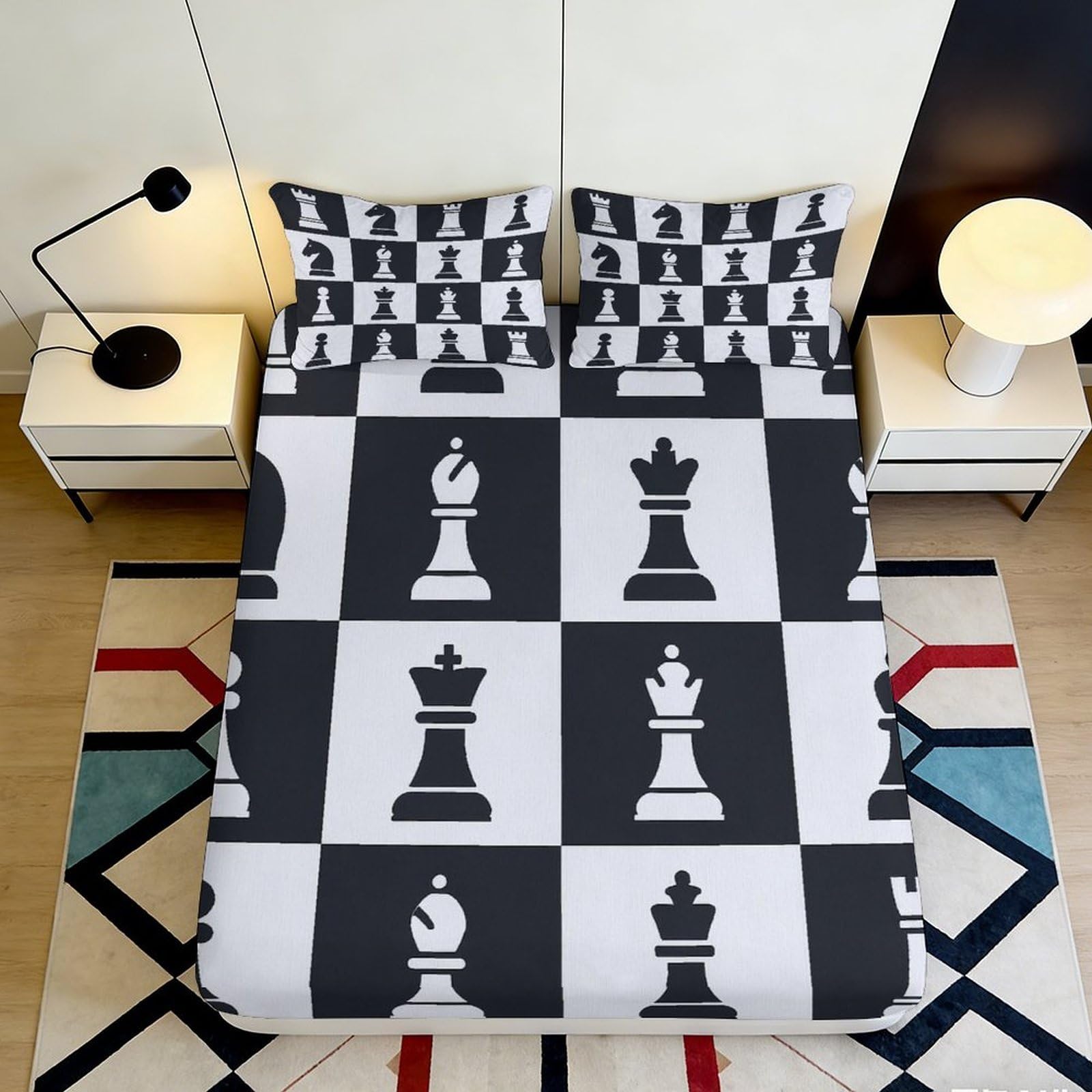 3D Printed Chess Board Fitted Sheet Microfiber Black White Chess Piece Mattress Cover for Bedroom Dorm Easy Care Decor 90x200x25cm
