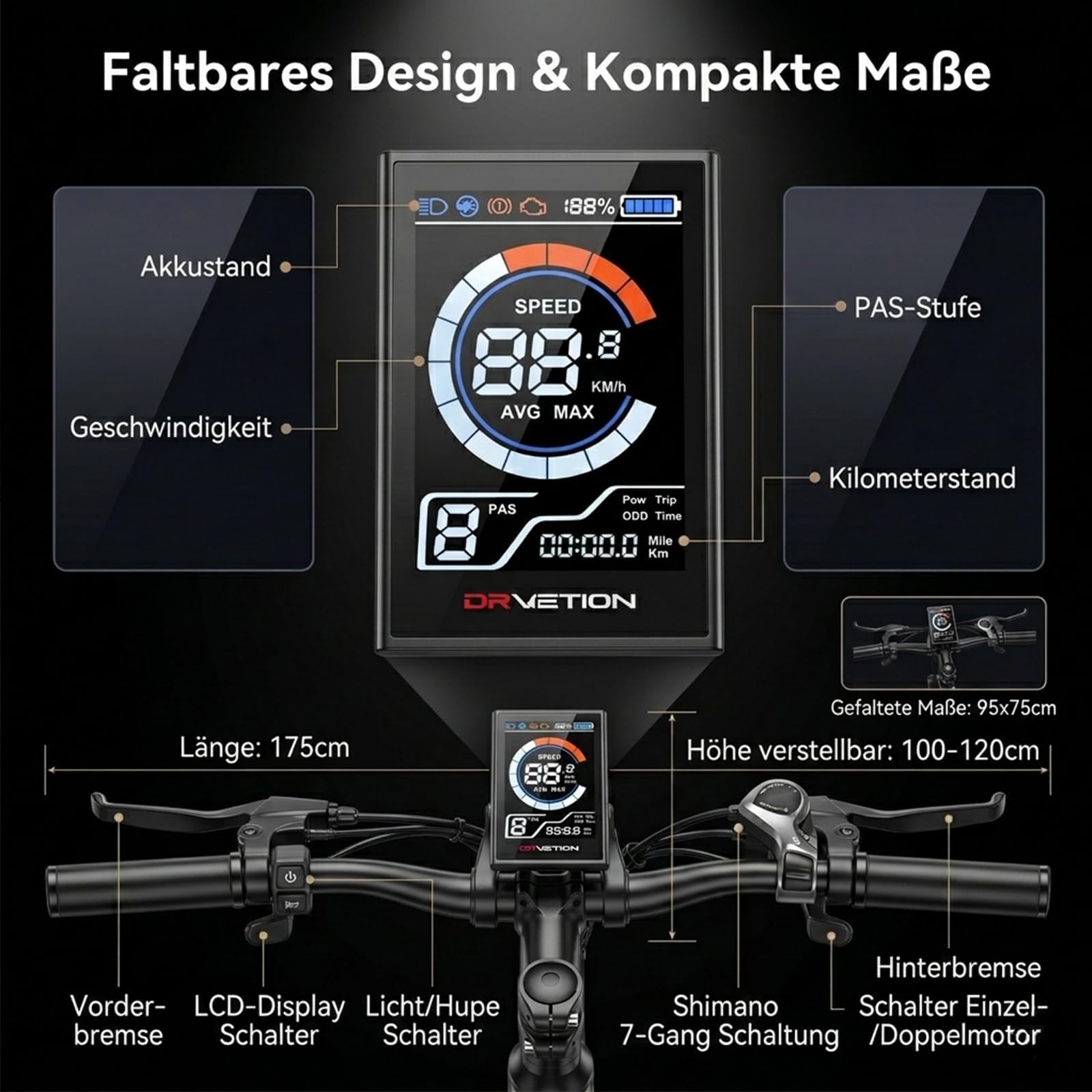 E Bike für Damen & Herren, Elektrofahrrad mit Samsung Akku, Cts Reifen, Kompatibel, Shimano 7-Gang, Alu-Rahmen, Cts Reifen 20x4“, Kompatibel, Klapprad