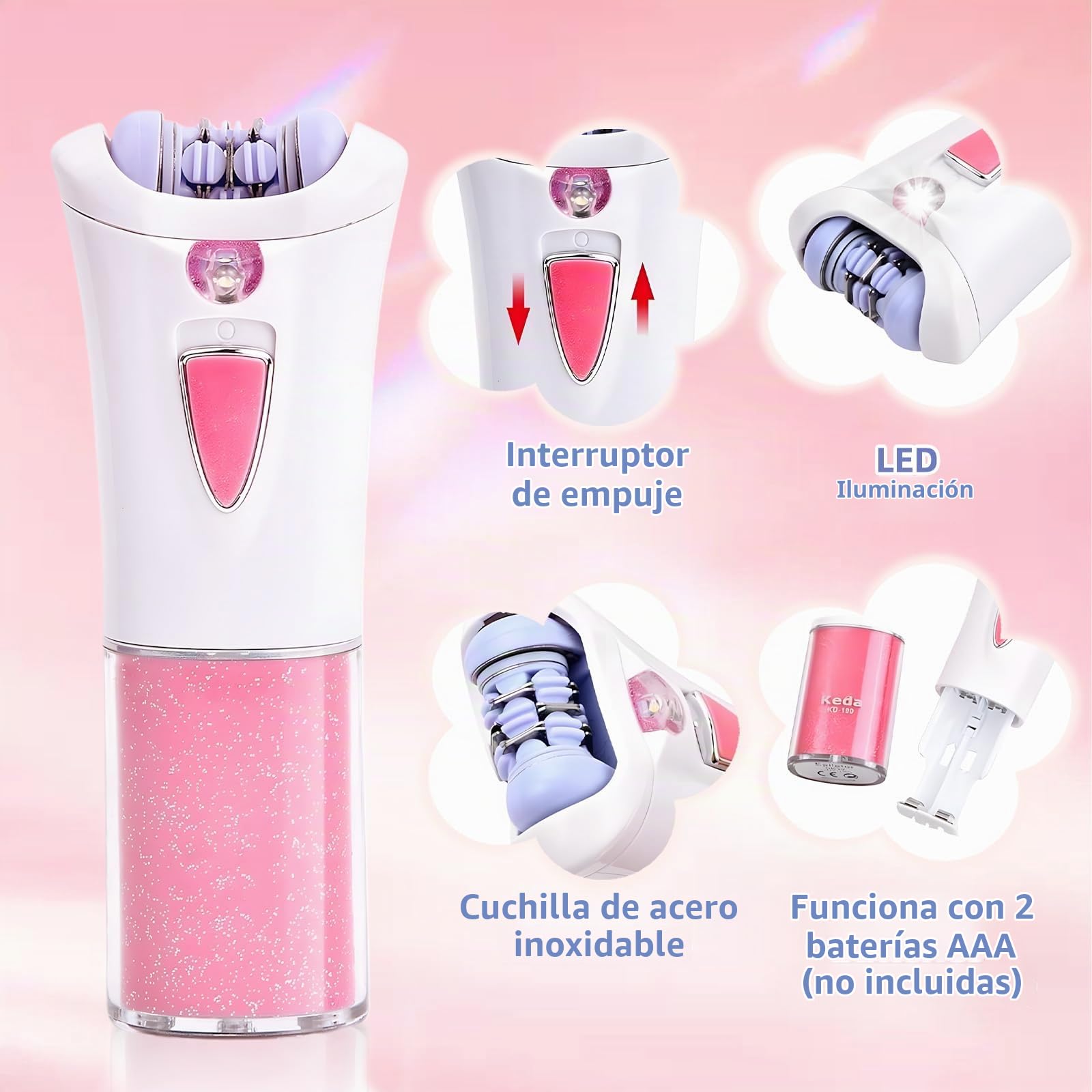 Depiladora Mujer Electrica,Depiladora Mujer Zona Intima,Depiladora Facial sin Cable,Depiladora Eléctrica con luz LED, para Bikini Zona Intima, Pierna, Brazo, Axila,Alimentado por Batería (No Incluido)