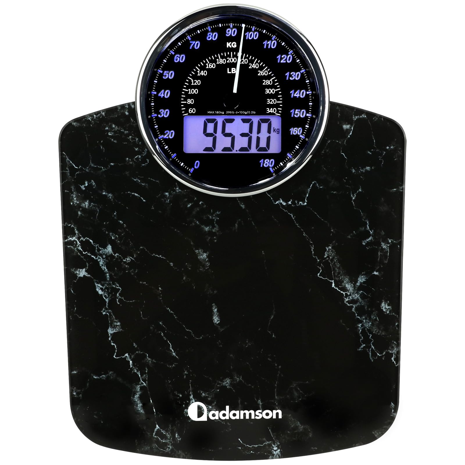 Hybrid Bilancia Pesapersone - Analogica & Digitale, Precisa fino a 180 kg | Leggete il peso su quadrante analogico e LCD insieme. Piattaforma larga, 3 batterie AAA incluse, pronta all'uso.