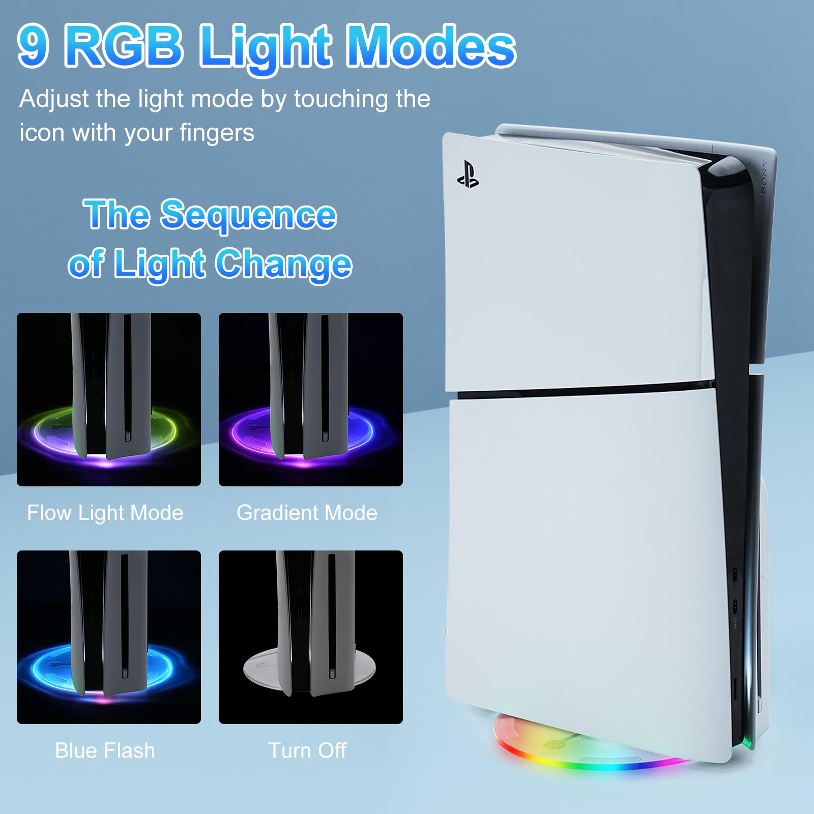 Supporto Verticale per PS5 Slim, PS5 Slim Supporto Verticale con 9 Led Luci RGB Trasparente Base di Ricambio per PS5 Slim con Cuscinetto Antiscivolo Accessori per PS5 Slim Disco/Digitale