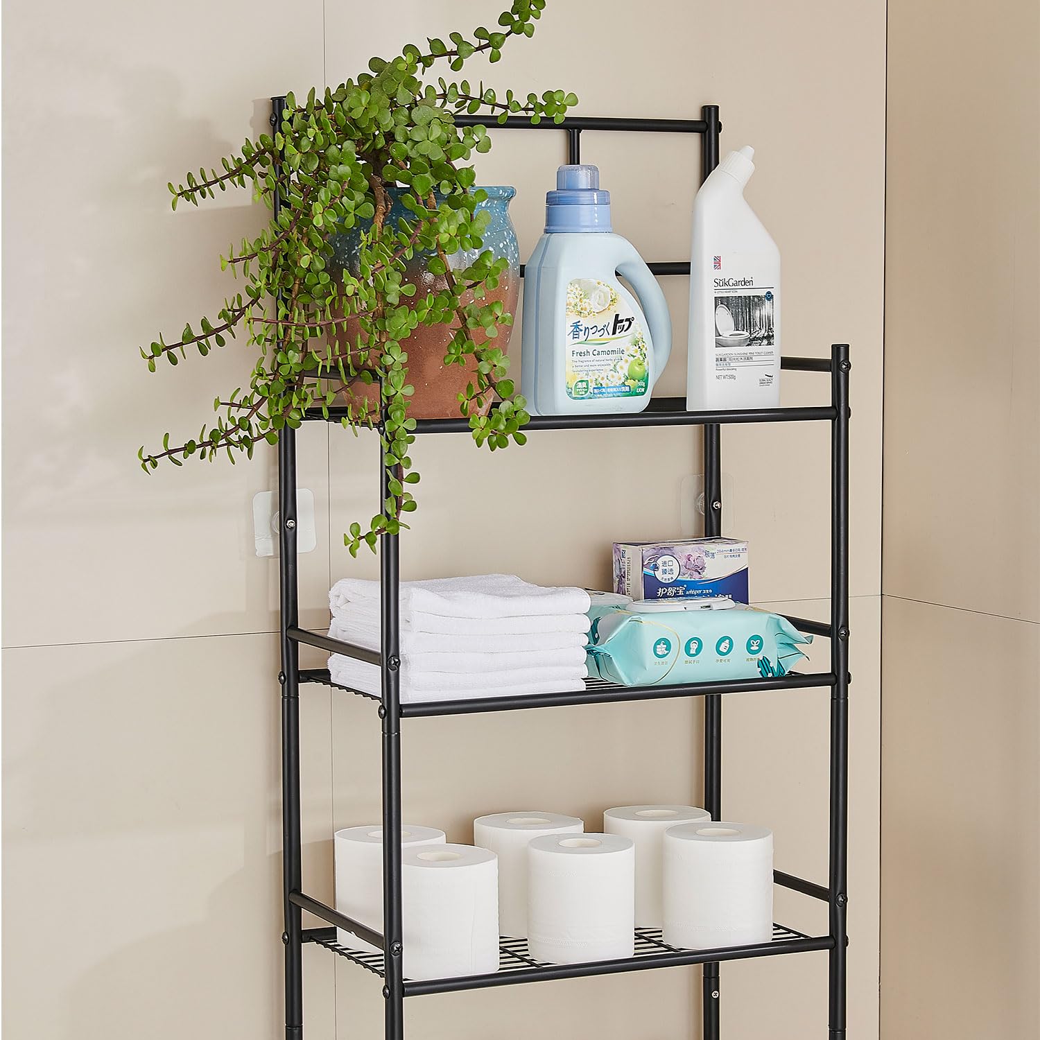 Meuble WC, Meuble Salle de Bain Rangement à 3 Niveaux, Étagère WC Autoportante en Métal, Rangement au-Dessus des Toilettes ou Lave-Linge Peu Gain de Place, Montage Facile Etagere, Noir