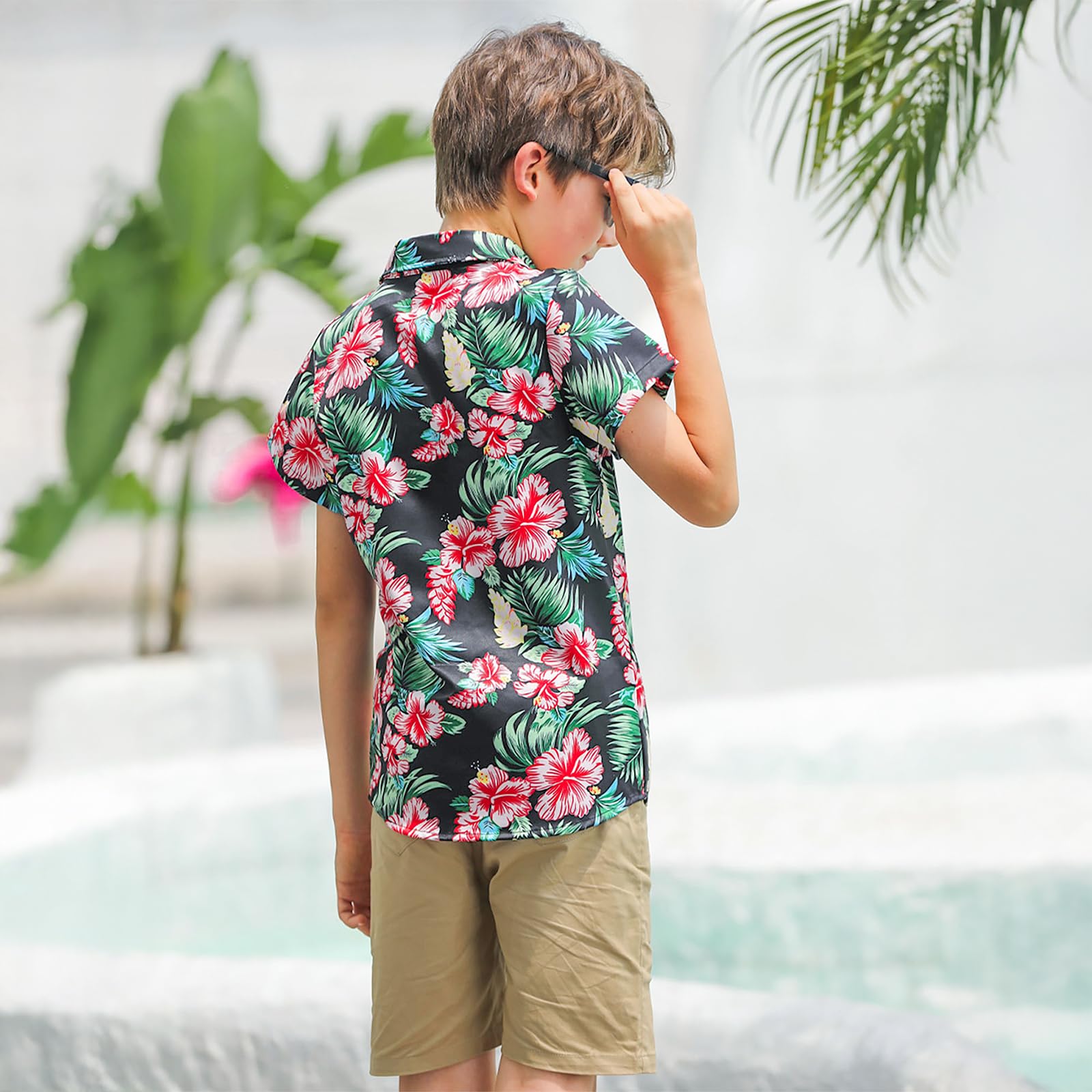 Boys Hawaiian Floral Aloha Print Shirt Button Down Dress Shirt for 7-14 Years - 5
