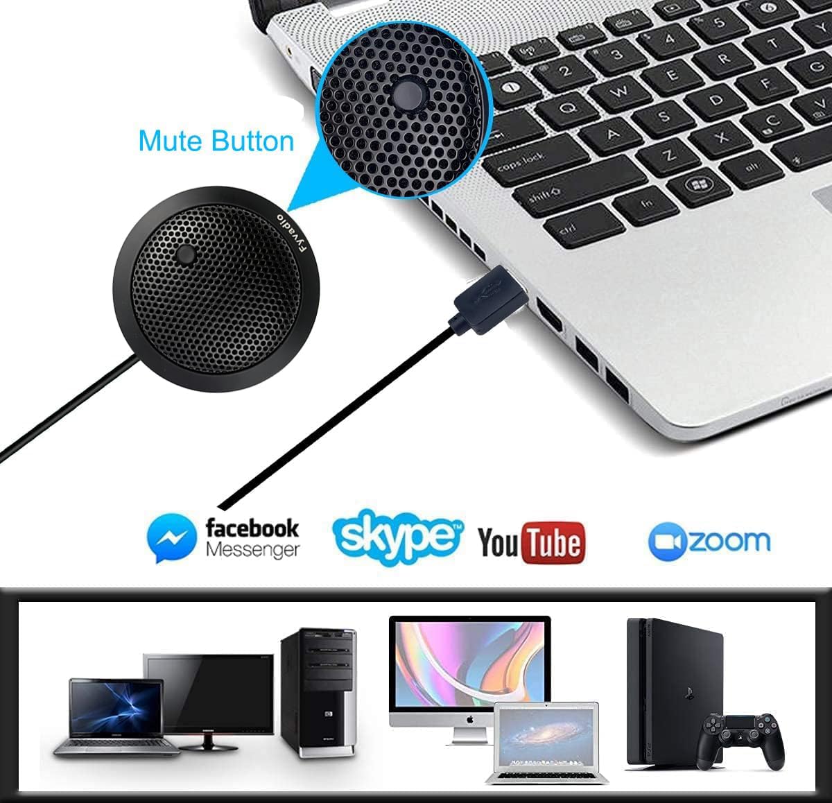 Microfono USB per Conferenze, USB Microfono per Computer, Microfono Omnidirezionale a Condensatore a 360° per PC Portatile con Pulsante Muto per Riunioni/Lezioni Online, Zoom, Giochi, Plug & Play