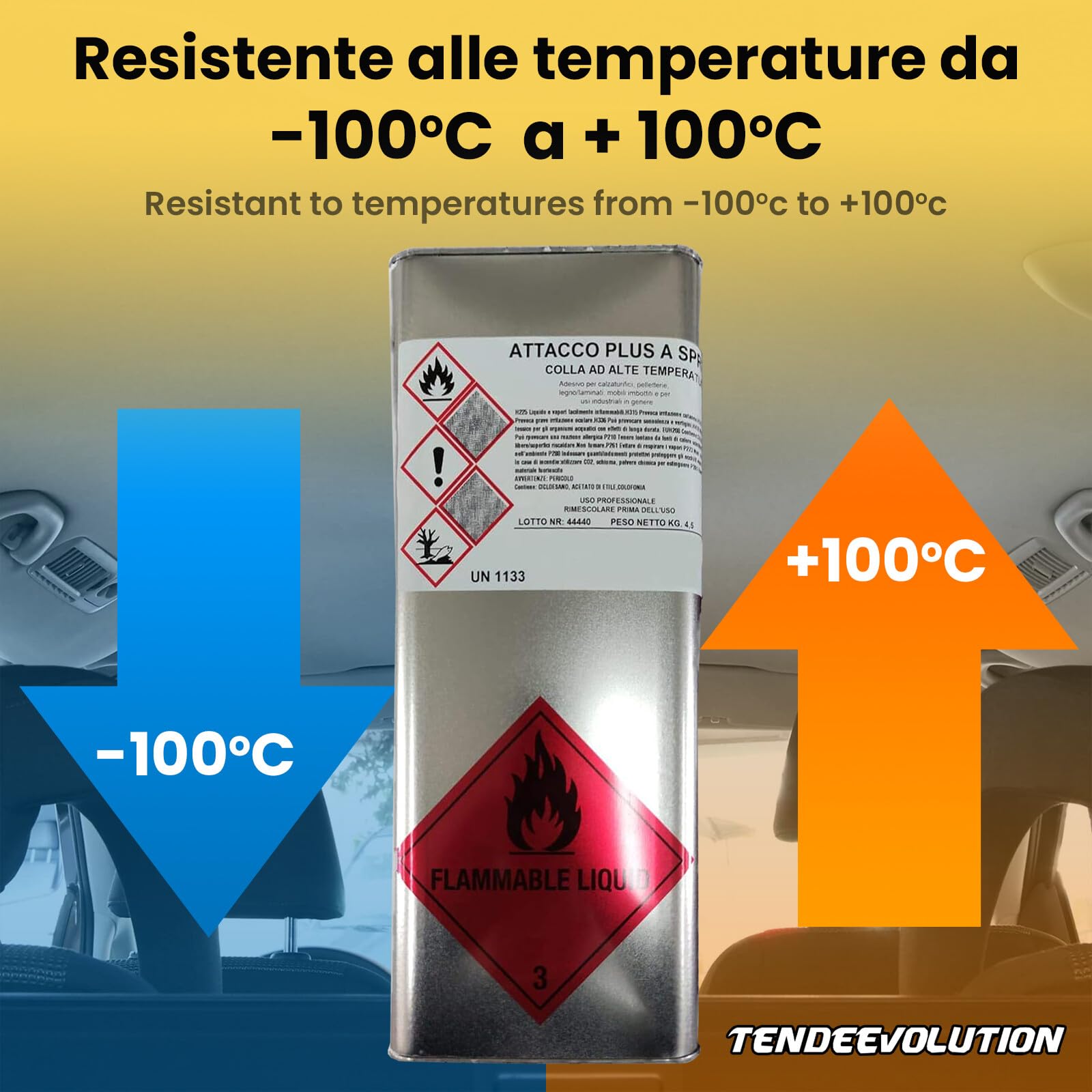 TENDEEVOLUTION Colla Extra Forte a Spruzzo o Pennello Policloroprenica da 4,5 Kg, Elastica e Resistente alle alte Temperature. Colla per Tessuti Cielo Auto, Tappezeria Auto, Stoffa, Legno e Metallo