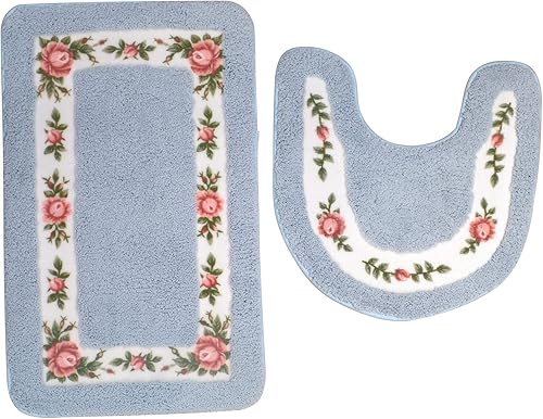 Miniatura 2 de ABREEZE Juego de 2 alfombras de baño con diseño floral de rosas, tapete de ducha de baño de microfibra y tapete de inodoro en forma de U,