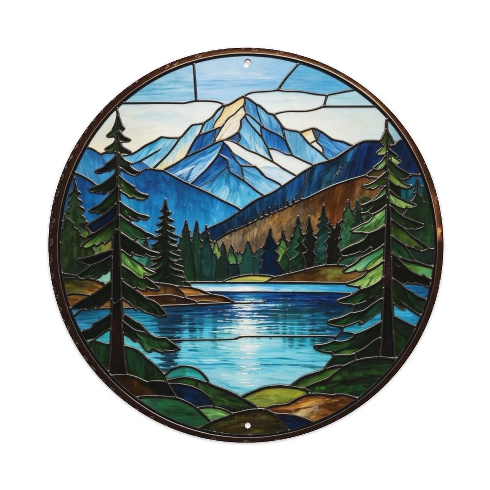 Mountain Lake Pine Trees Landscape Stained Glass Metal Tin Sign Plaque