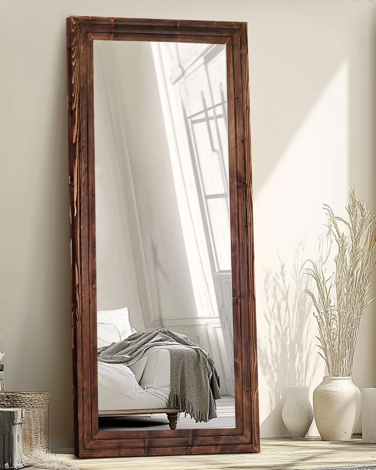 Full Length Mirror 71"x30" Solid Wood Frame Floor Large Mirror for Living Room, Bedroom Hanging or Leaning Wall-Mounted, Brown Brown 71"L x 30"W