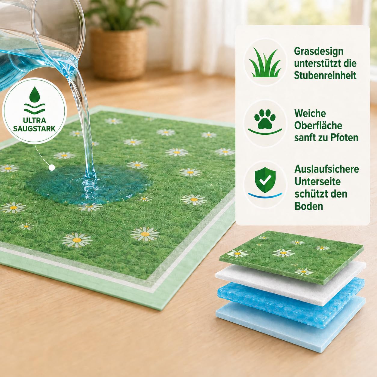 GIROX PIPI Matten für Hunde, 50 Stück Welpen Unterlagen 60x90 cm | Saugstarke, Auslaufsichere Trainingspads mit Grasmuster, Bodenschutz, Haustierbedarf für Welpentraining und Tierhygiene