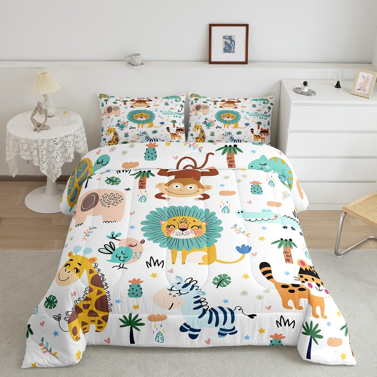 Feelyou Cartoon Jungle Animals Bedding Set Full Size Kids Safari Zoo Animals Comforter Sets Lion Tiger Monkey Giraffe Quilt for Boys Girls Teens Child Toddler Bed Set 1 Comforter 2 Pillowcases