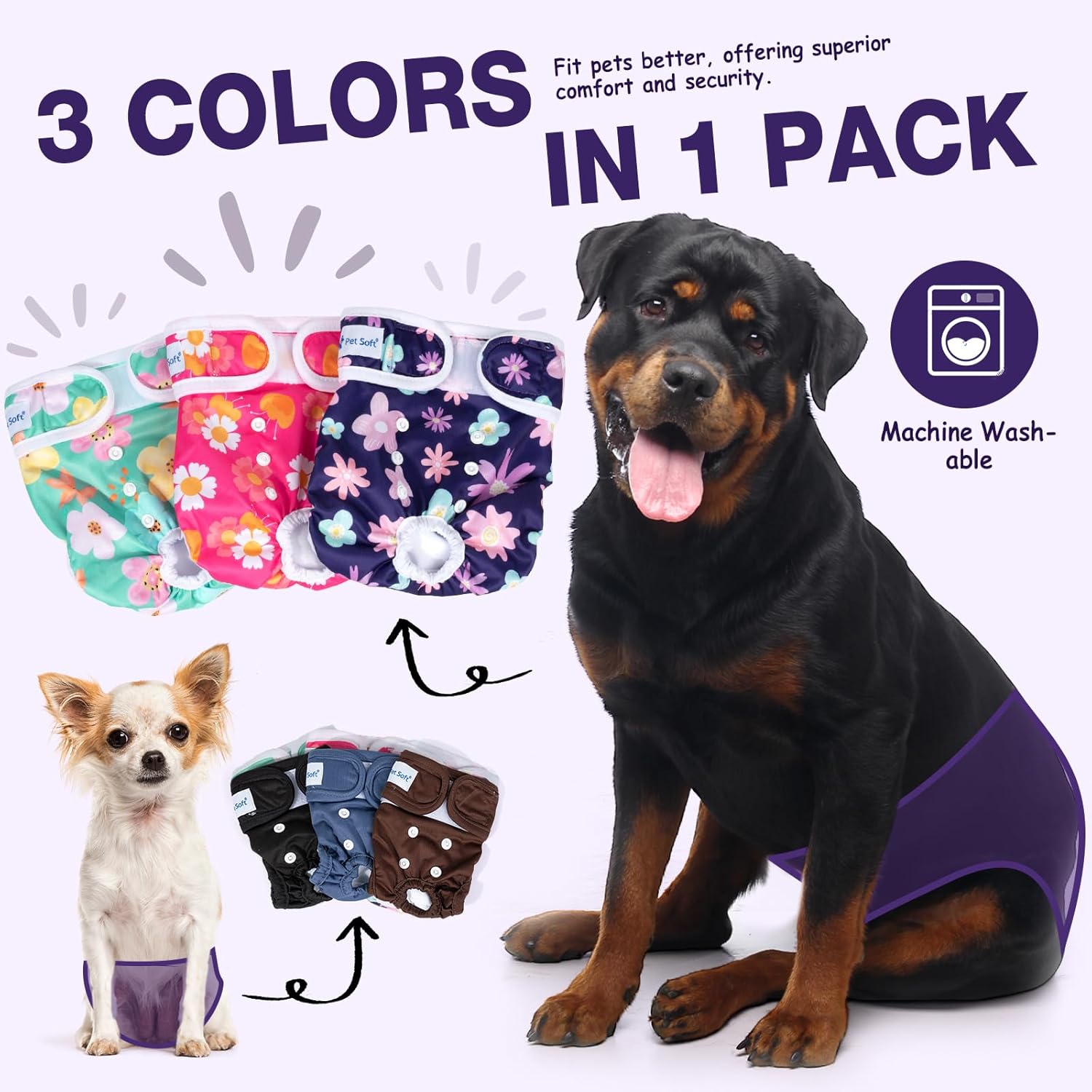 Pet Soft Washable Female Diapers (3 Pack) Female Dog Diapers, Comfort Reusable Doggy Diapers for Girl Dog in Period Heat (Bloom, M)