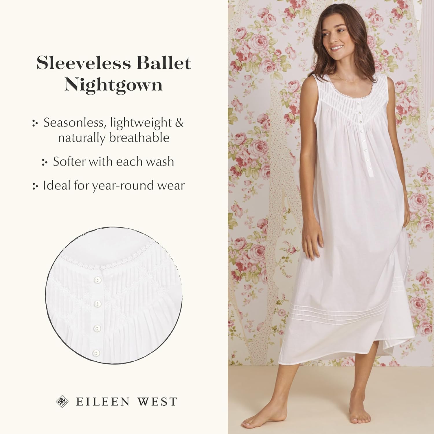 Eileen West Sleepwear & Loungewear for Women - Poetic Woven Lawn Collection - 100% Cotton Lightweight Sleeveless Nightgown - Image 4