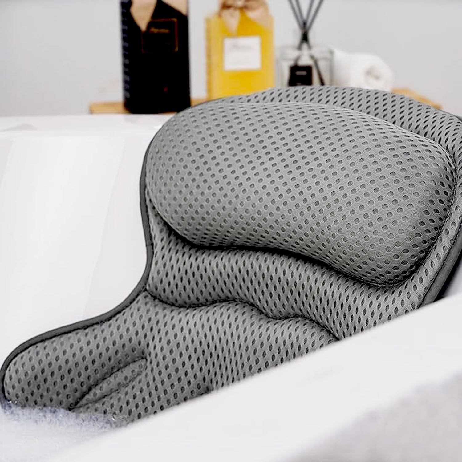Bath Pillow, 4D Air Mesh Technology Ergonomic Bath Pillow, Luxury Head & Neck & Back Support Bath Cushion with 6 Powerful Suction Cup Fits All Bathtubs & Hot Tub & Home Spa (Grey)