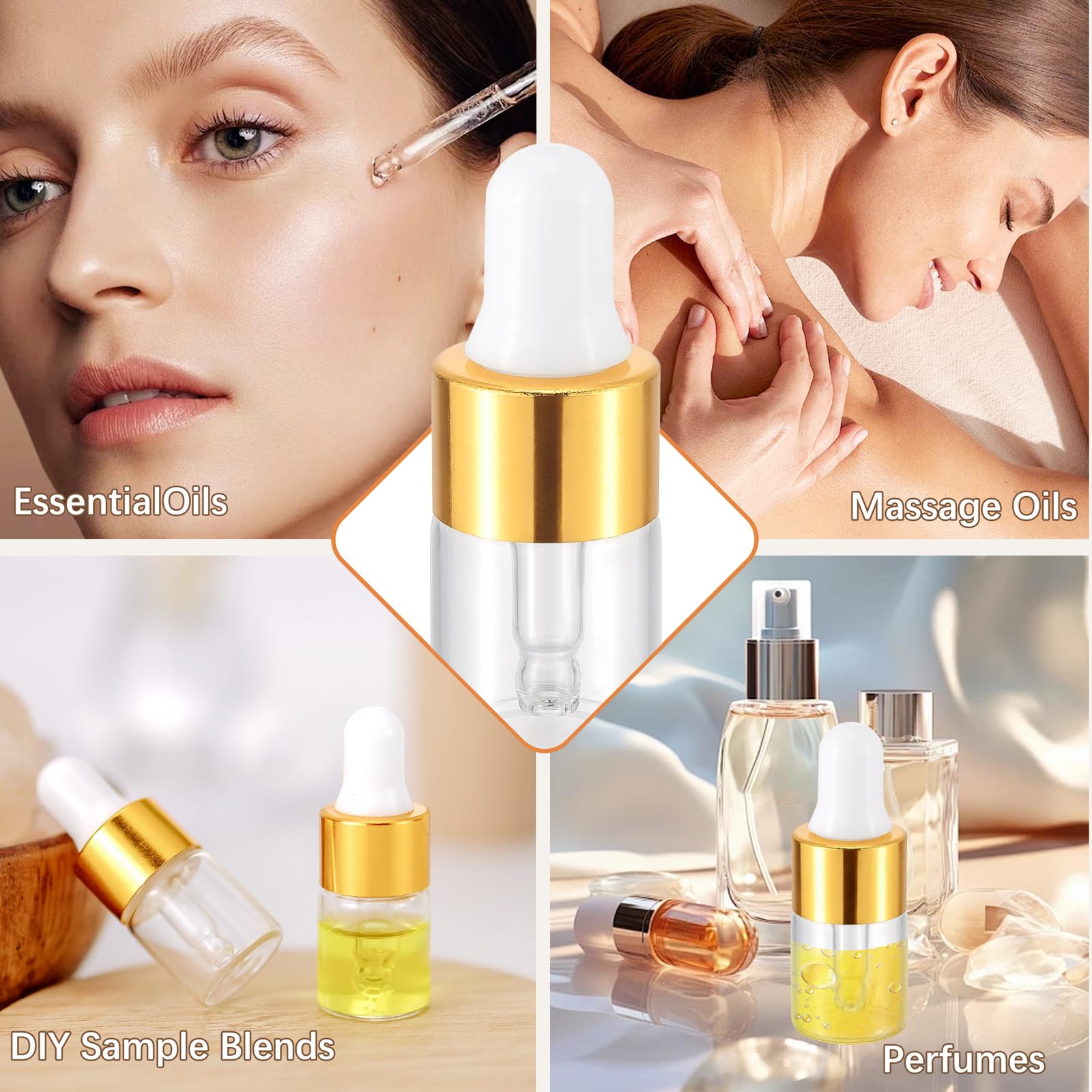 Kesell Confezione da 100 mini bottiglie contagocce in vetro trasparente da 2 ml, con contagocce, per oli essenziali, da viaggio, con 5 contagocce in plastica, contenitori con coperchio (oro)