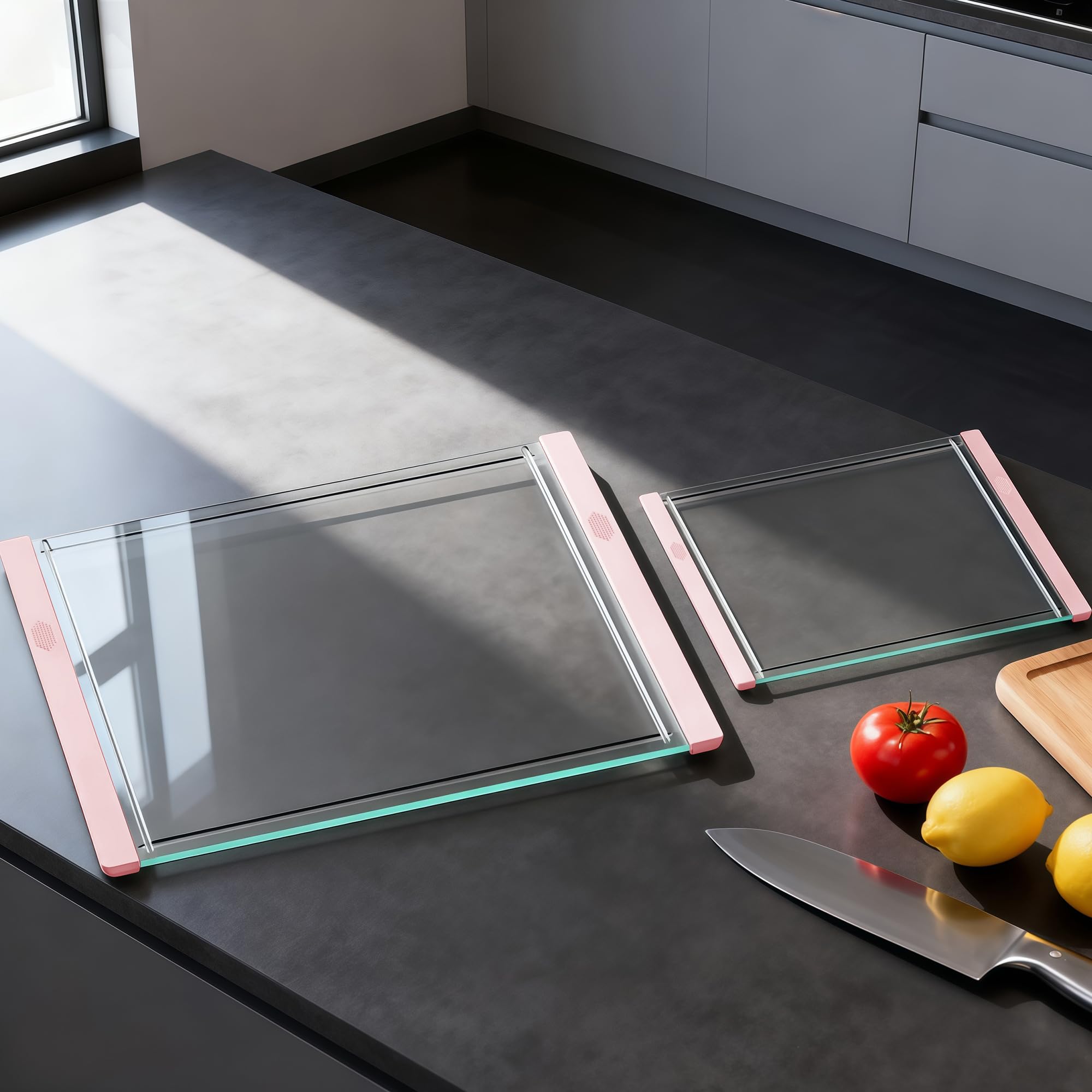 GlassCuisine Tempered Glass Cutting Board Set for Kitchen Counter - Dishwasher Safe with Juice Grooves, Non-Slip Silicone Edges & Beveled Grip - 16"x12" & 12"x8" Serving Tray (Pink)