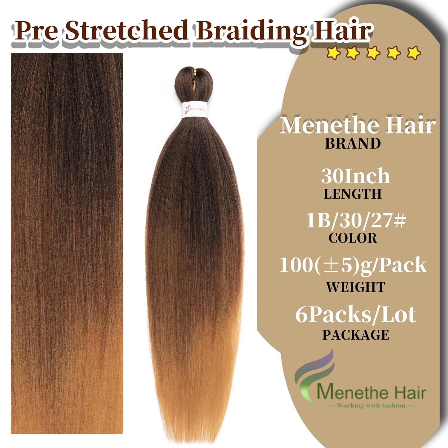 Braiding Hair Long Braid 30 Inch 6 Packs Braiding Hair Pre stretched,Professional Hair Extensions Hot Water Setting Synthetic Fiber Crochet Twist Braids(30Inch,1B/30/27#)