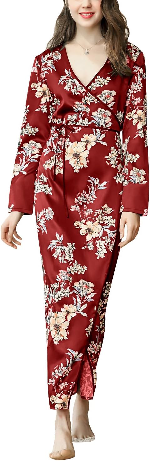 Dolamen Women's Dressing Gown Kimono, Silk Satin Floral Blossoms Robe Bathrobe Bridesmaid Nightwear Nightgowns Pyjamas, 2018 Long Bust Width 100cm