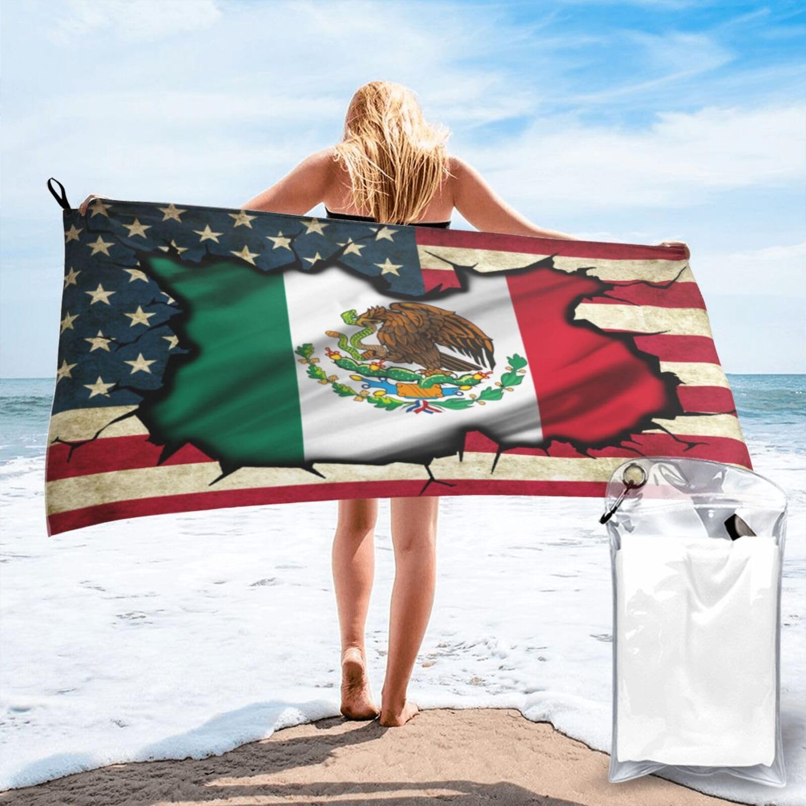 HACXZ Vintage America Flag and Mexico Flag Absorbent Beach Towel Microfiber Beach Towel Lightweight 31.5"X63"