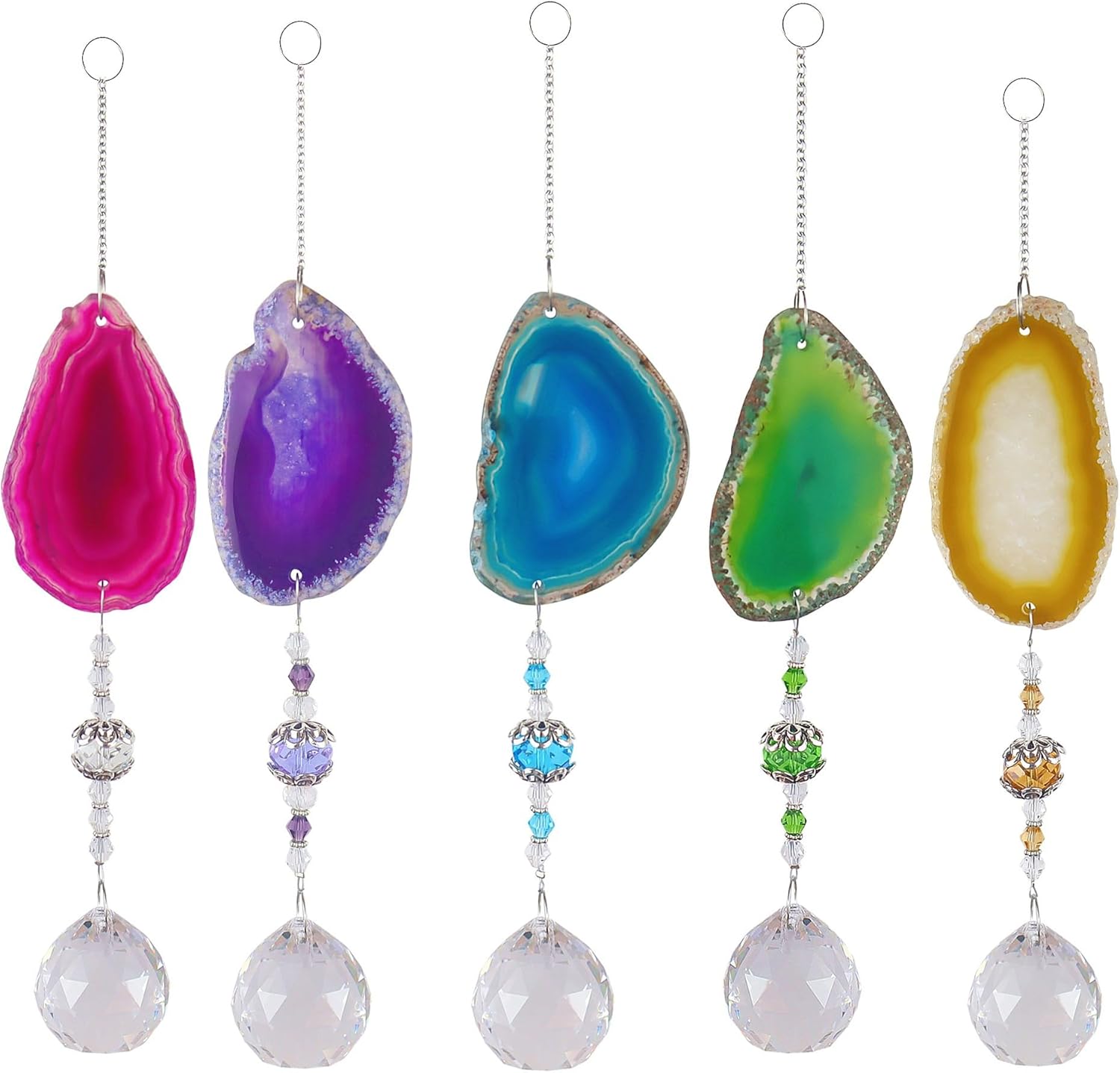 Agate Slice Crystal Sun Catcher – 25–35cm Hanging Prism Suncatcher with Natural Stone for Window, Garden or Car Rearview Decor(7pack)