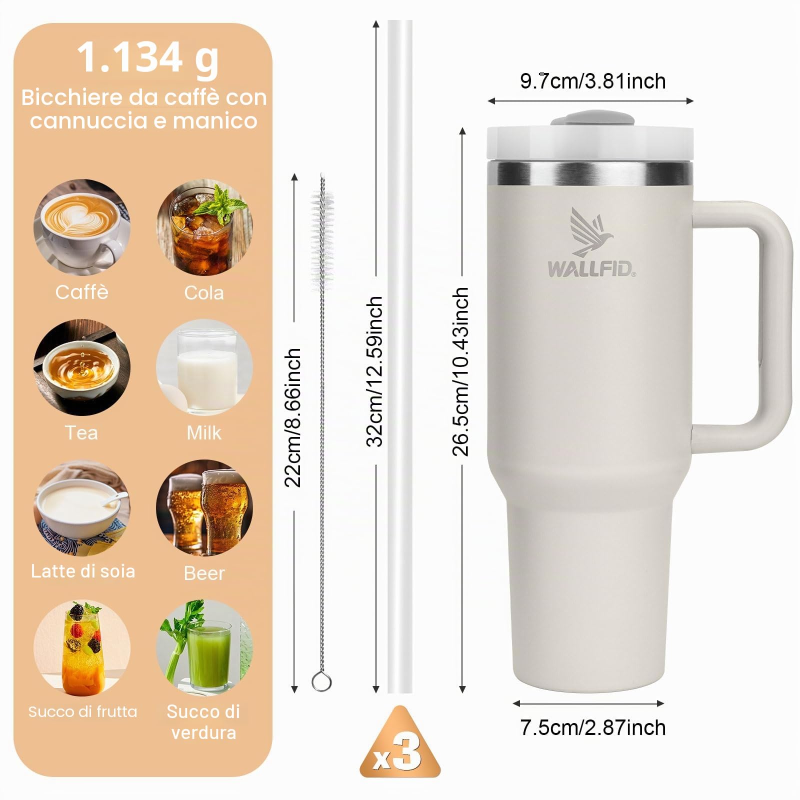 WALLFID Tumbler da 40oz in Acciaio Inossidabile a Isolamento Sottovuoto, con Coperchio, 3 Cannucce e 1 Spazzolino per Cannucce, Perfetto per Bevande Calde/Fredde, Ideale per Caffè（quarzo rosa）