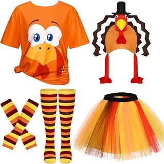 5 Pcs Thanksgiving Turkey Trot Gear Costume Includes Turkey T-Shirt Tutu Hat Socks Gloves for Women Cosplay
