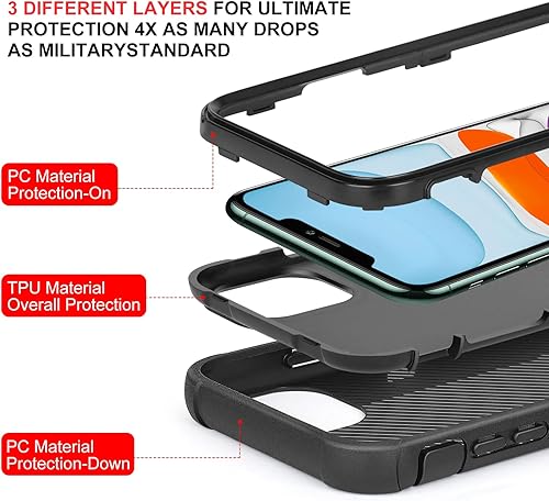 Miniatura 5 de XWMHHP Funda para iPhone 11 con diseño de bandera estadounidense negra y roja para hombres y niños, 3 capas de alta resistencia, a prueba de golpes,