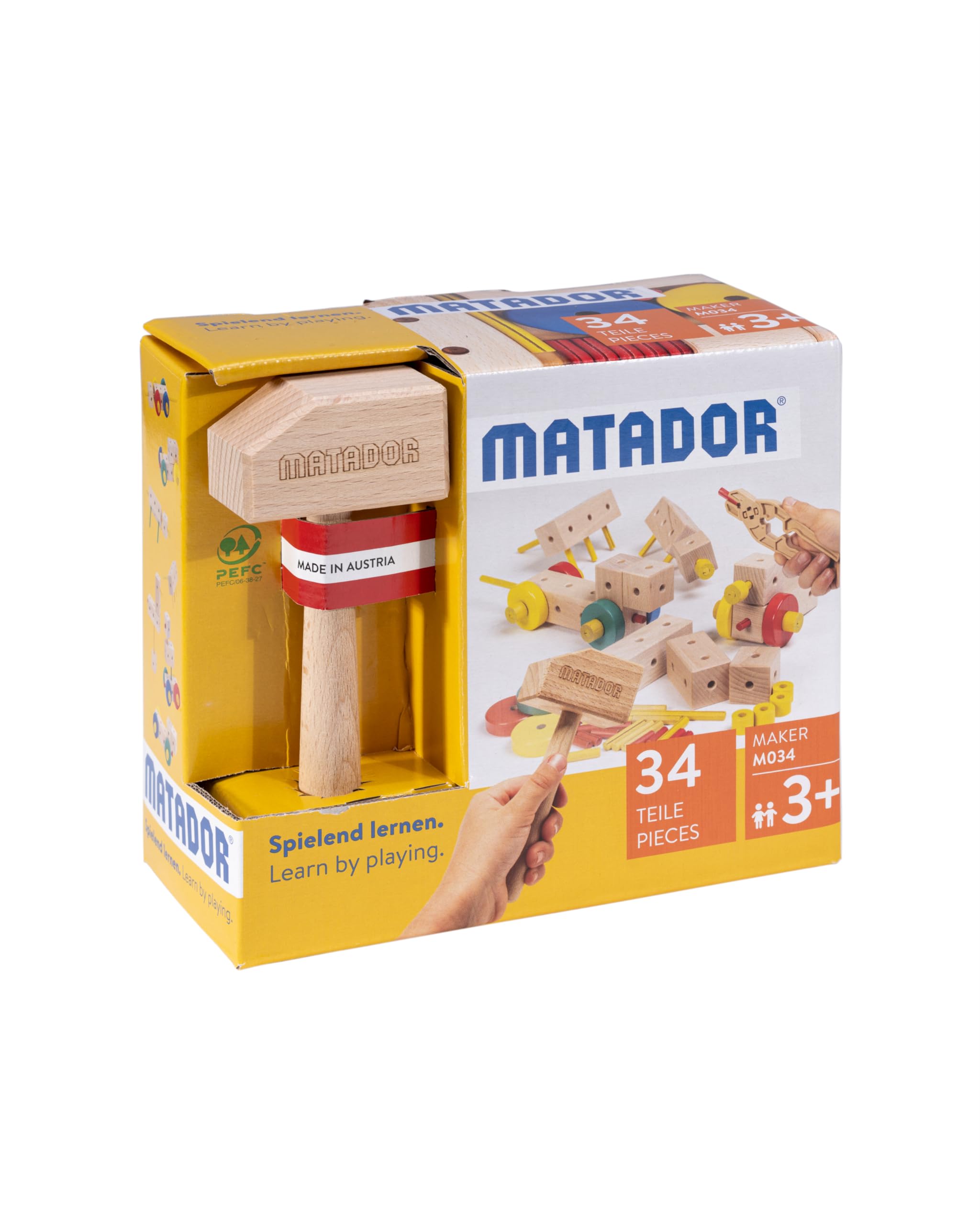 Matador Kinder Baukasten ab 3 Jahren 34-tlg. - Spannendes Holz Konstruktionsspielzeug zur Schulung von Kreativität und Feinmotorik, Bauspielzeug mit Stäbchen, Klötzen, Hammer & Zange