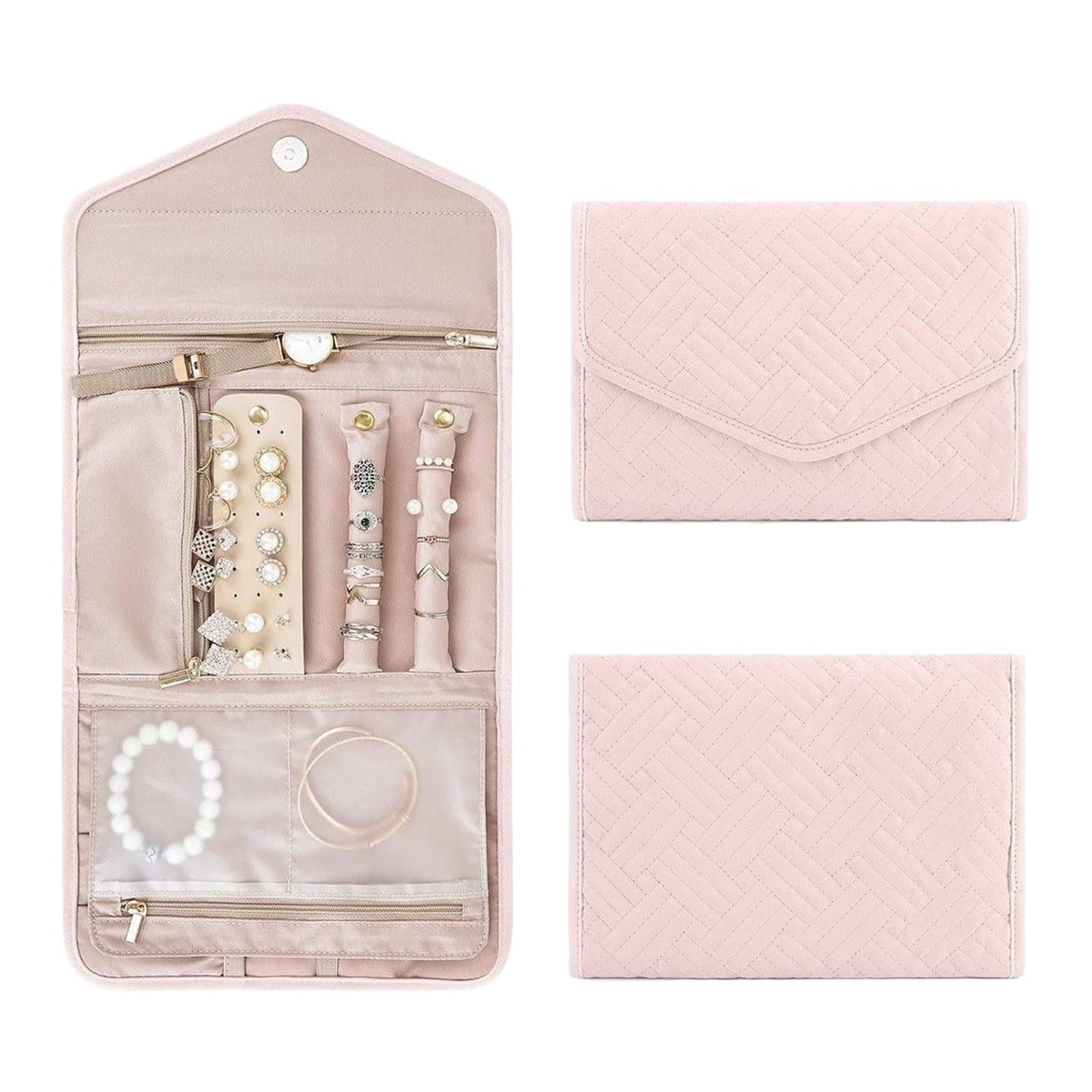 RUWLFE 1Pcs Compact Travel Jewelry Organizer Case Foldable Storage Bag For Earrings Necklaces Rings Bracelets Brooches for Rings, Necklaces, Earrings(Pink)