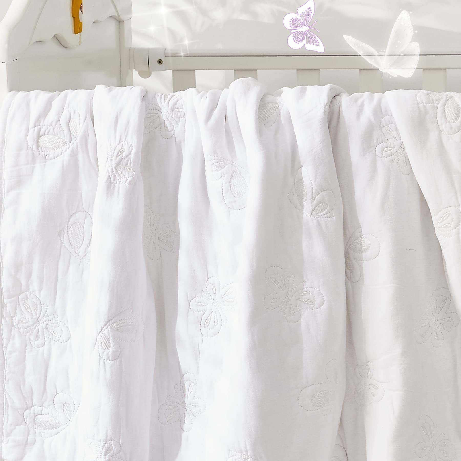 Brandream Set di biancheria da letto per culla, 3 pezzi, tinta unita, bianco, chic, unisex, con ricamo a farfalla