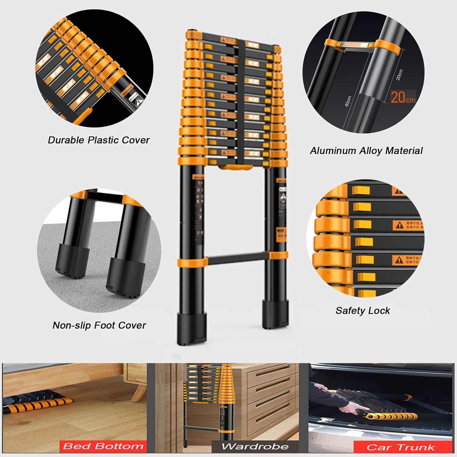 Generic Telescopic Ladders 2. Tall Telescoping Ladders,Aluminum Extension Straight Ladder with Non Slip Foot,Portable Telescopic Attic Ladders 330lbs Max Capacity