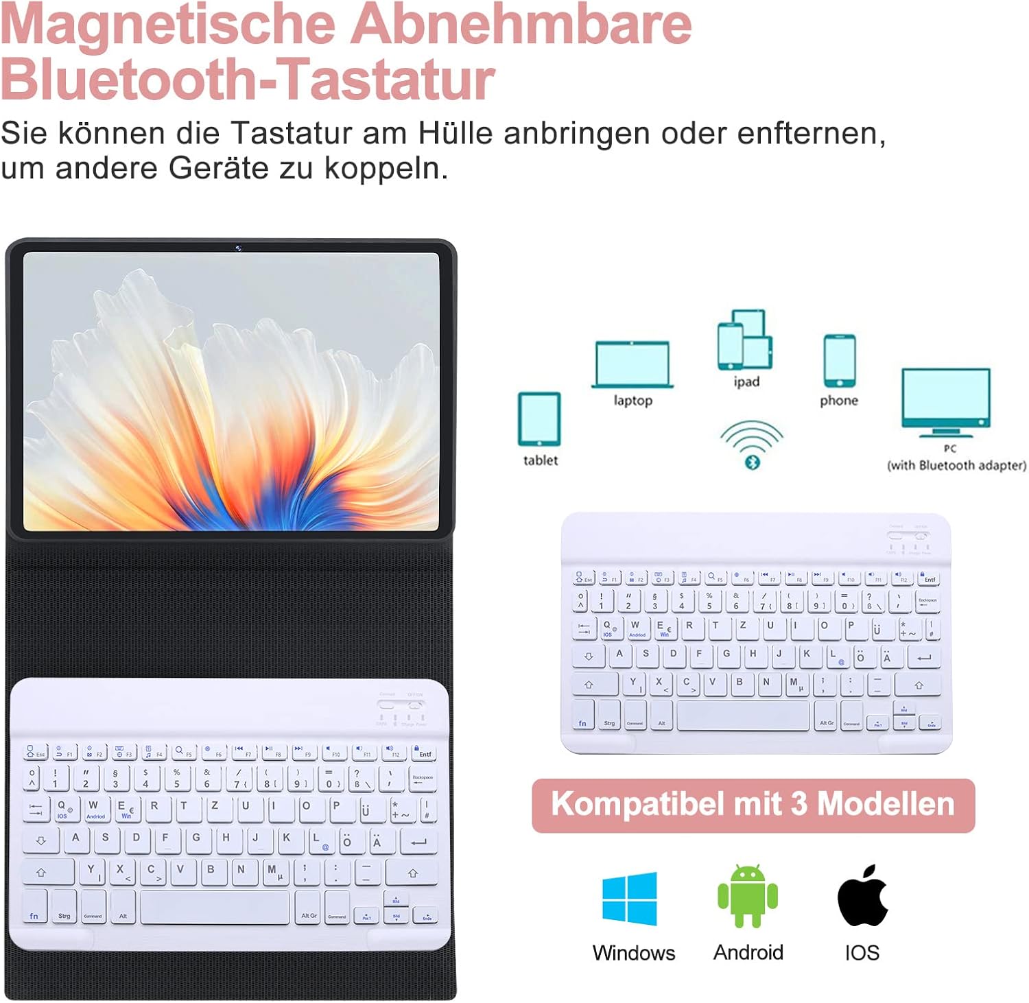 Image showing the detachable Bluetooth keyboard and its compatibility with various devices like tablets, laptops, iPads, and phones.