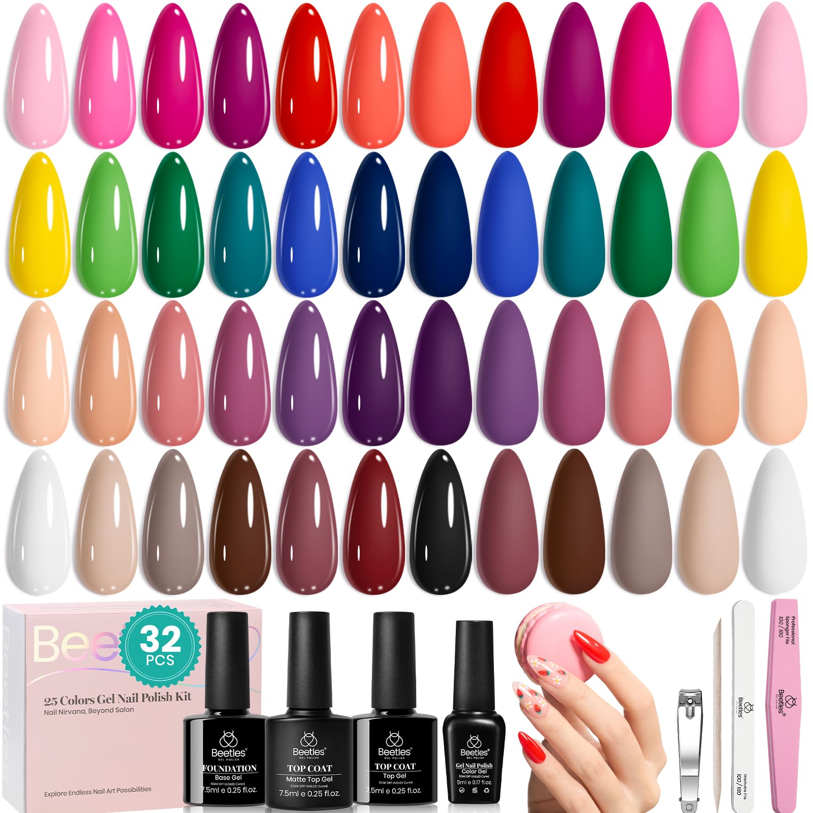 Beetles Spring Gel Polish Kit - Chic Outfits Collection 25 Colors Polish Set, Brown Purple Nude Red Black Color Gel Nails with 3Pcs Base Top Coat Soak off Uv Gel Manicure Kit Gift for Women
