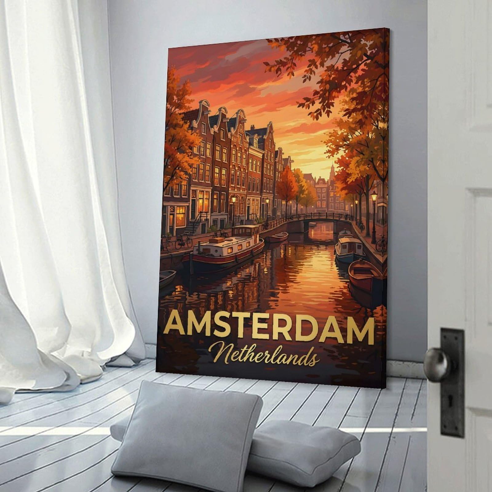 Junmoney Amsterdam Canal at Sunset Canvas Wall Picture 24x36inch(60x90cm), for Living Spaces, Bedrooms Or Relaxed Rooms, Modern Wall Decor for Cosy Interiors