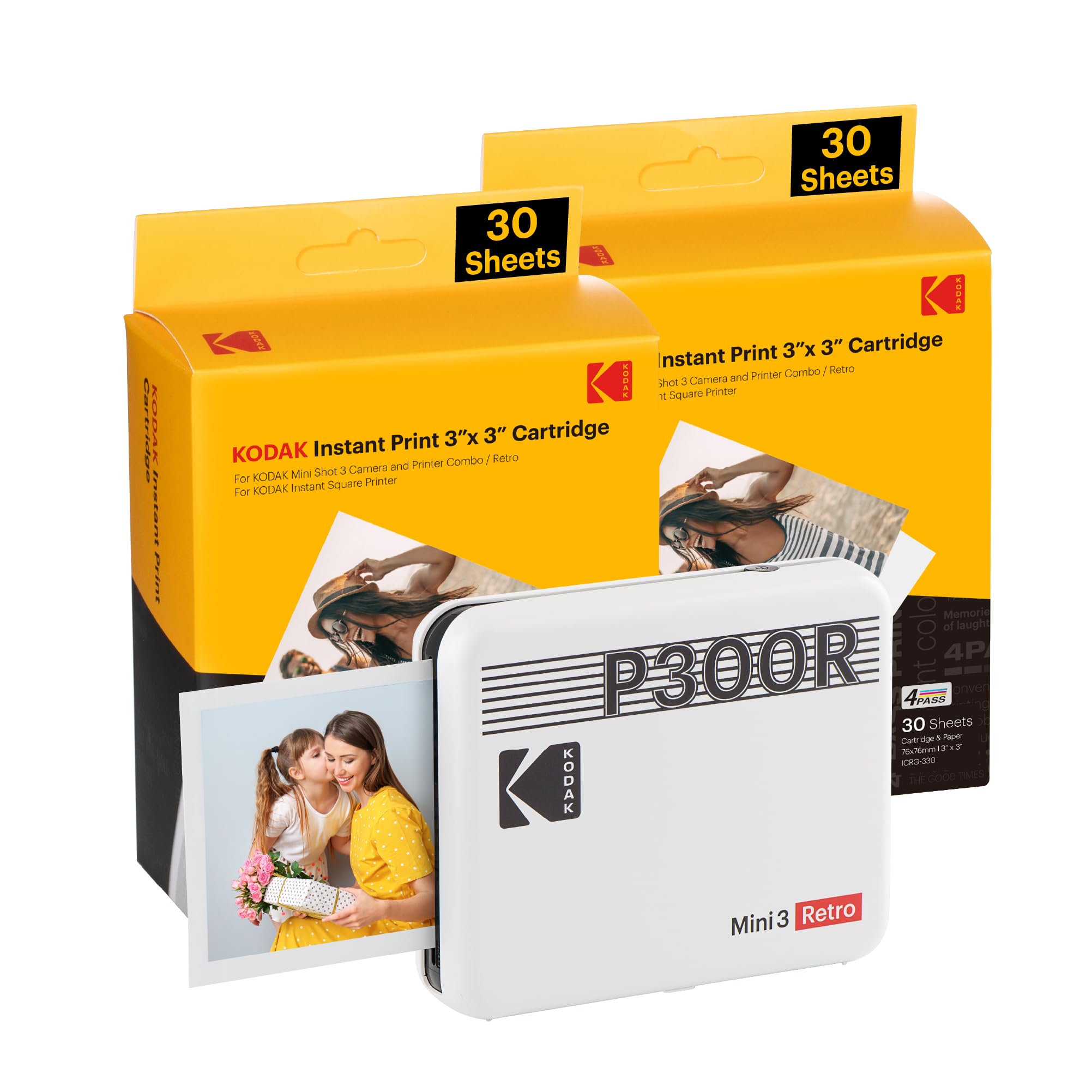 KODAK Mini 3 Retro 4PASS Stampante Fotografica Portatile (7,6x7,6cm) + Pacchetto con 68 Fogli, Bianco
