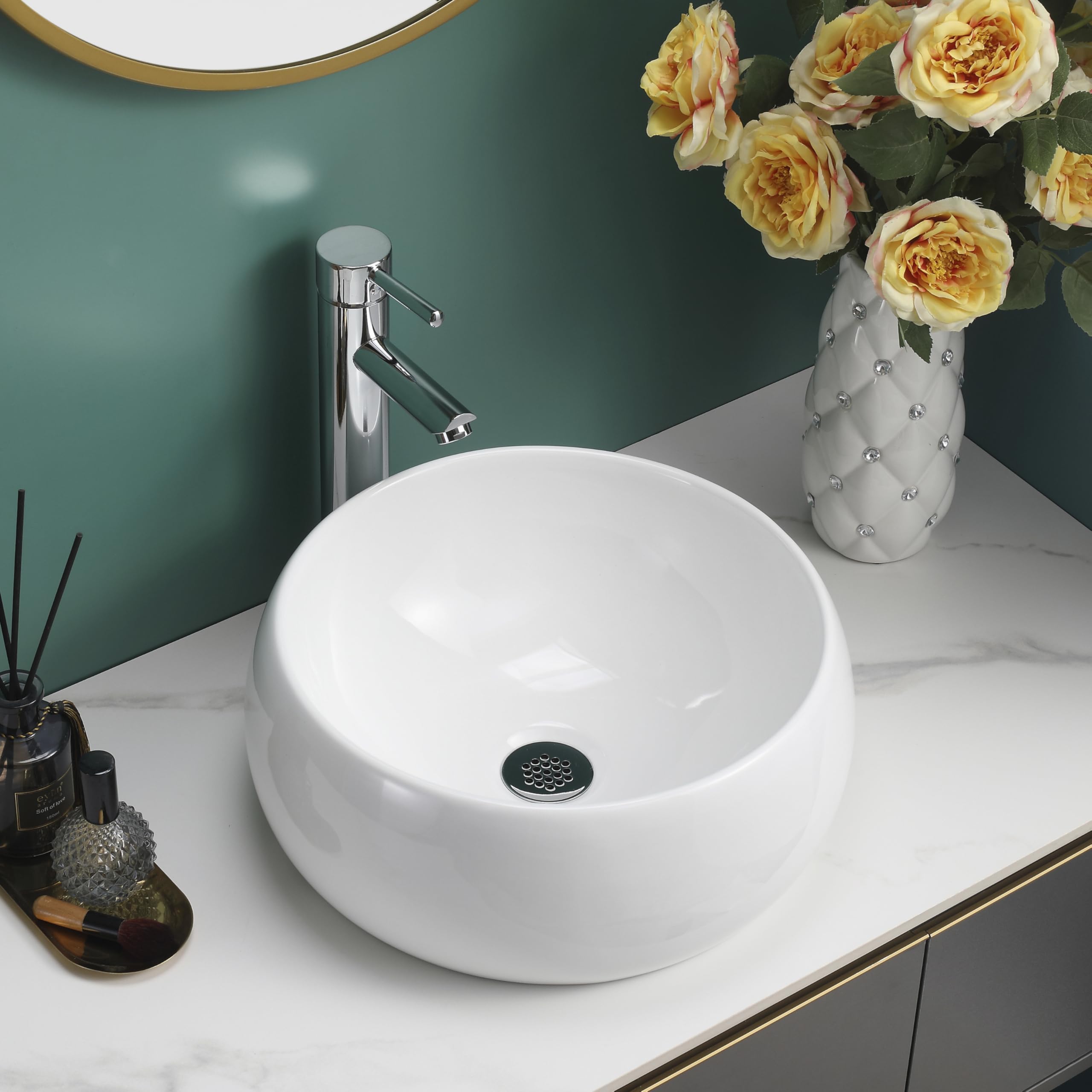 BELOFAY Counter Top Bathroom Basin Sink – Modern White Ceramic Wash Basin with Scratch-Resistant Gloss Surface – Sink basins for Cloakroom,Vanity Cabinet and Bathrooms (Round 1)