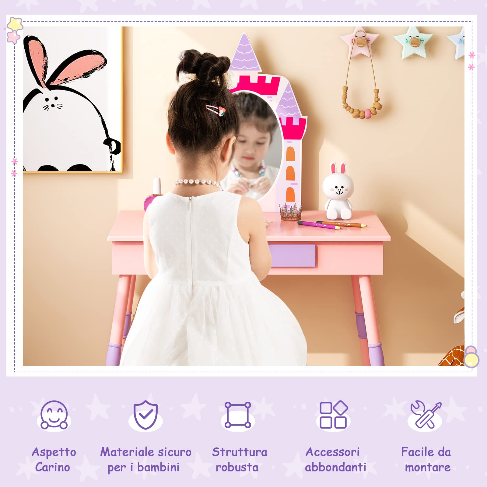 COSTWAY 2 in 1 Toeletta Trucco per Bambina 3+ Anni, Postazione Trucco per Ragazza in Legno con Sgabello e Cassetto e Accessori, 74 x 39 x 101 cm, Rosa