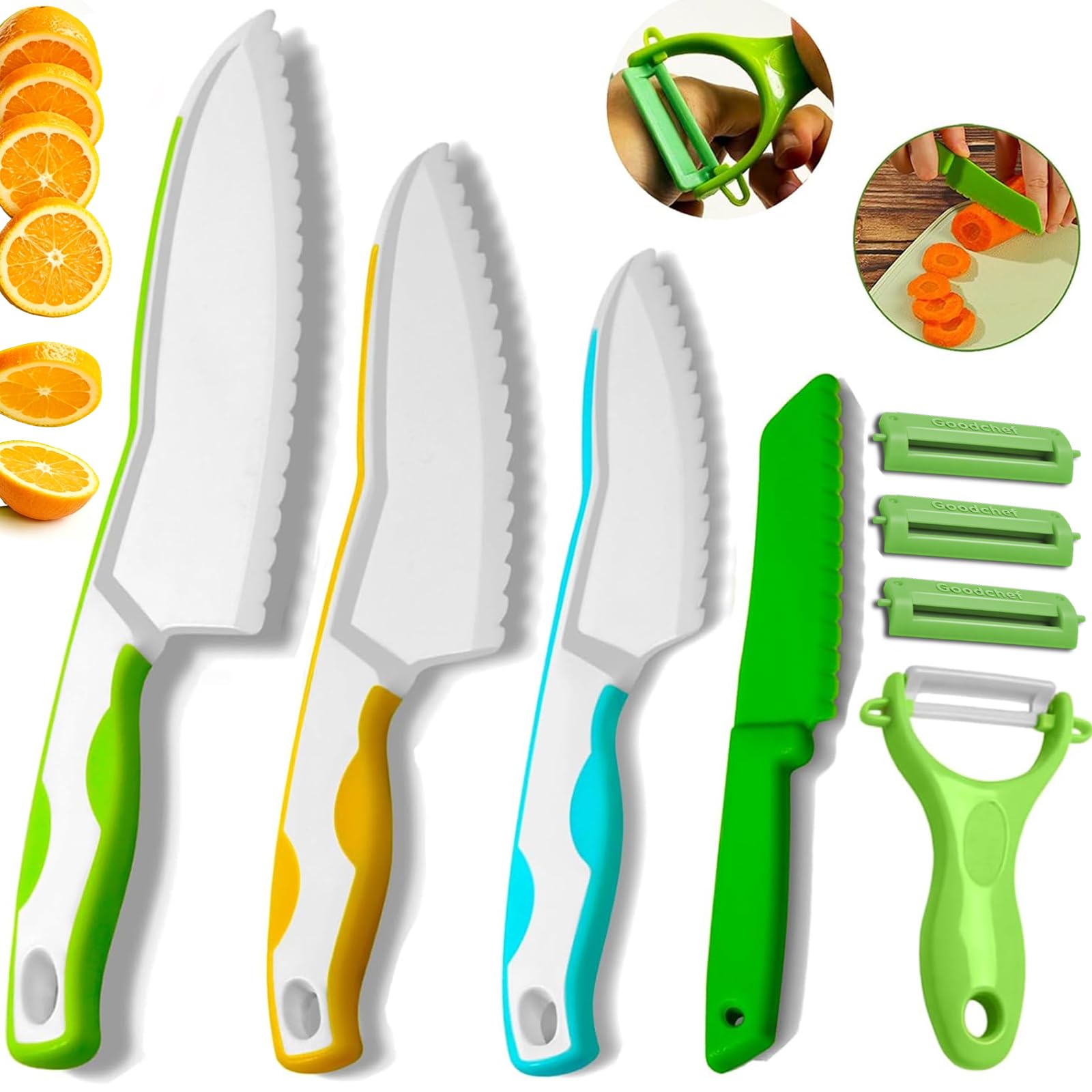 Goodchef Kindermesser, Kinder Schälermesser 8 teiligs, Sicher für Kinder ab 2 Jahren,Enthält drei schnittfeste Ersatzklingen und eignet sich für die frühkindliche Förderung und das geistige Training.