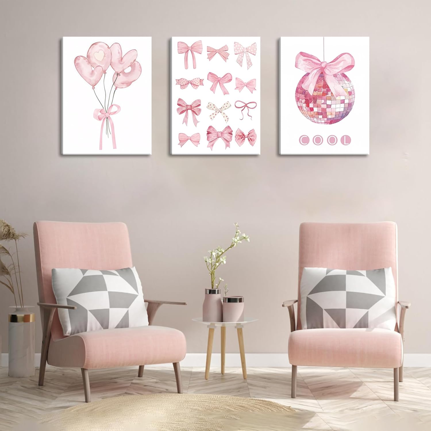 Preppy Pink Bow Canvas Wall Art, Trendy Bows Coquette Room Wall Decor Paintings, Pink Girly Disco Aesthetic Posters Prints Pictures for Girls Dorm Bedroom 12x16 Inch Framed