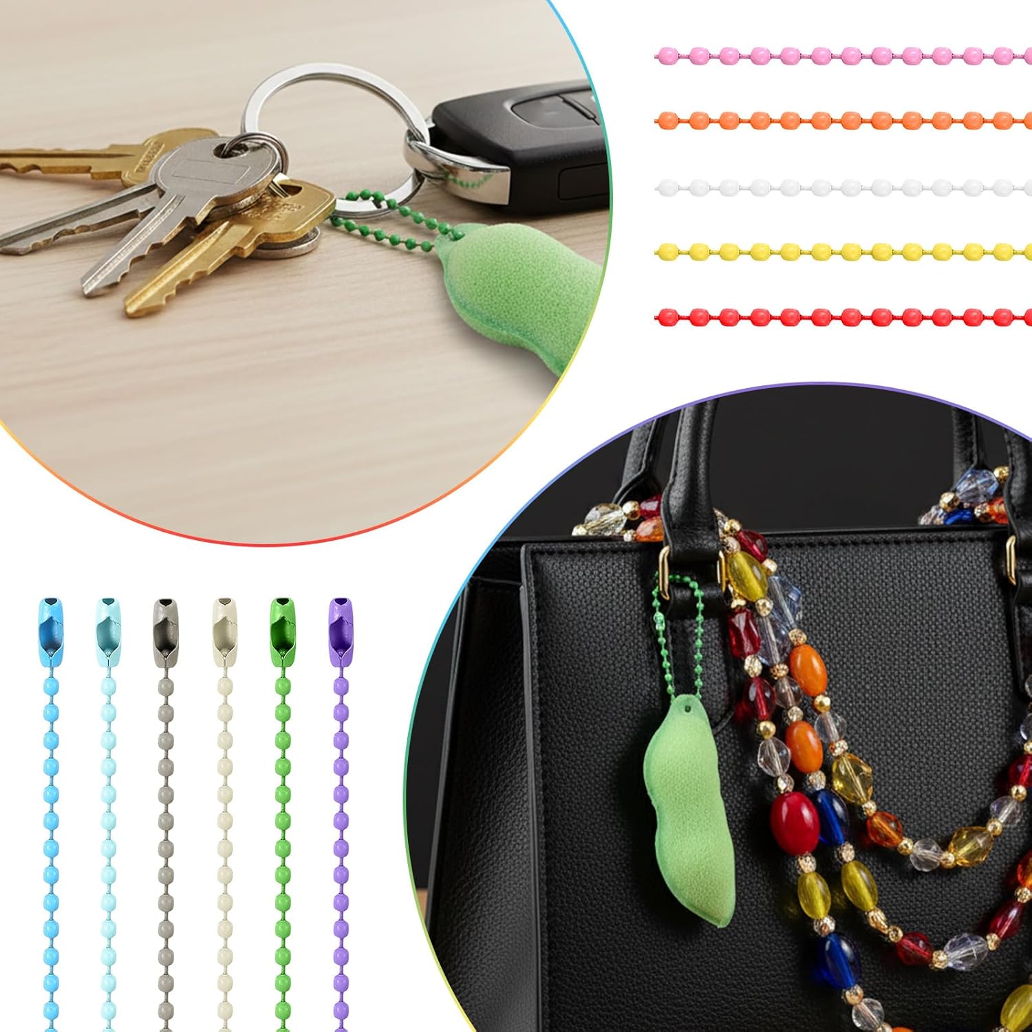 200 Pcs Ball Bead Chain, 3.94 Inch Colorful Ball Chain for Keychain Making Metal Dog Tag Chains with Connector Beaded Chains for Jewelry Making Key DIY Craft Hanging Christmas Ornaments - Image 5