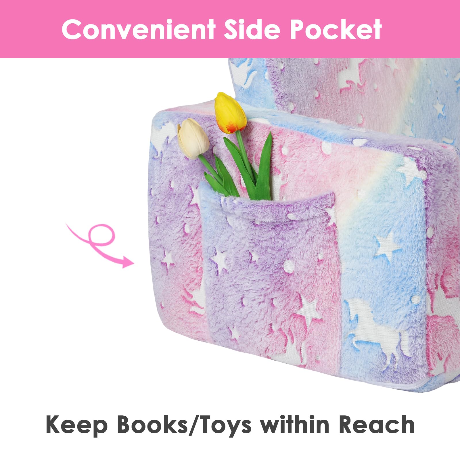 Divano Letto per Bambini 2-in-1 Pieghevole Schienale Poltrona, Comoda Stabile Divano Bambini con Tasca in Stoffa, Divano Pieghevole Leggero Apribile per Camera da Letto, Soggiorno, Unicorno Rosa