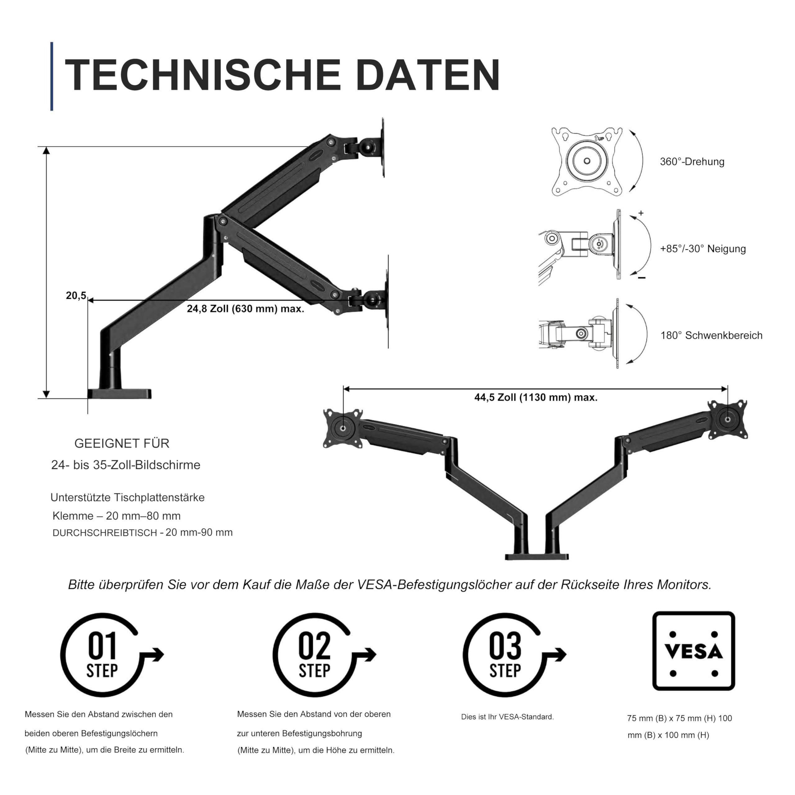 Invision Doppel-Monitorarm für Bildschirme von 24-35 Zoll, ergonomisch, höhenverstellbar (gasunterstützt), neigbar, drehbar und ausziehbar, VESA 75 mm und 100 mm, Gewicht 2 kg bis 15 kg (MX900)